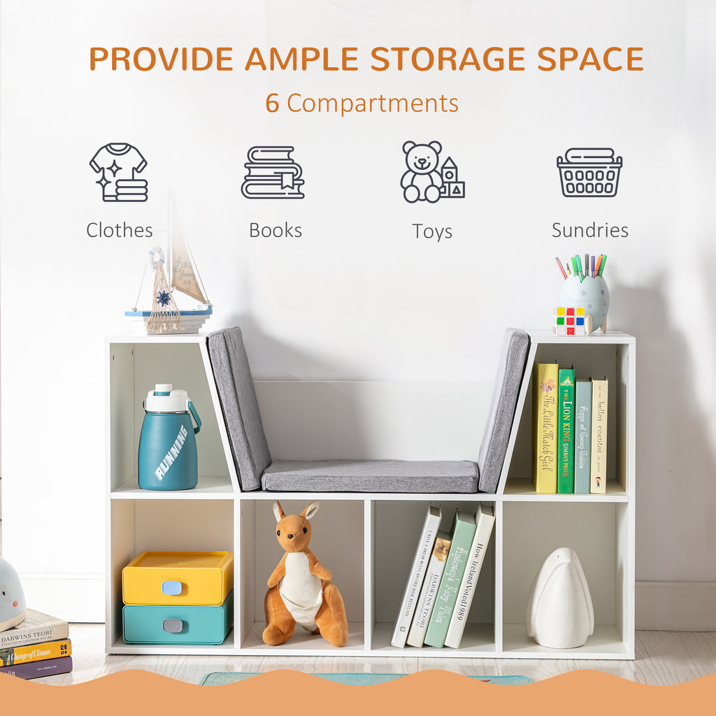 6-Cubby Kids Bookcase with Reading Nook and Cushion, Multi-Purpose Storage Organizer for Bedroom, Living Room, Pure White