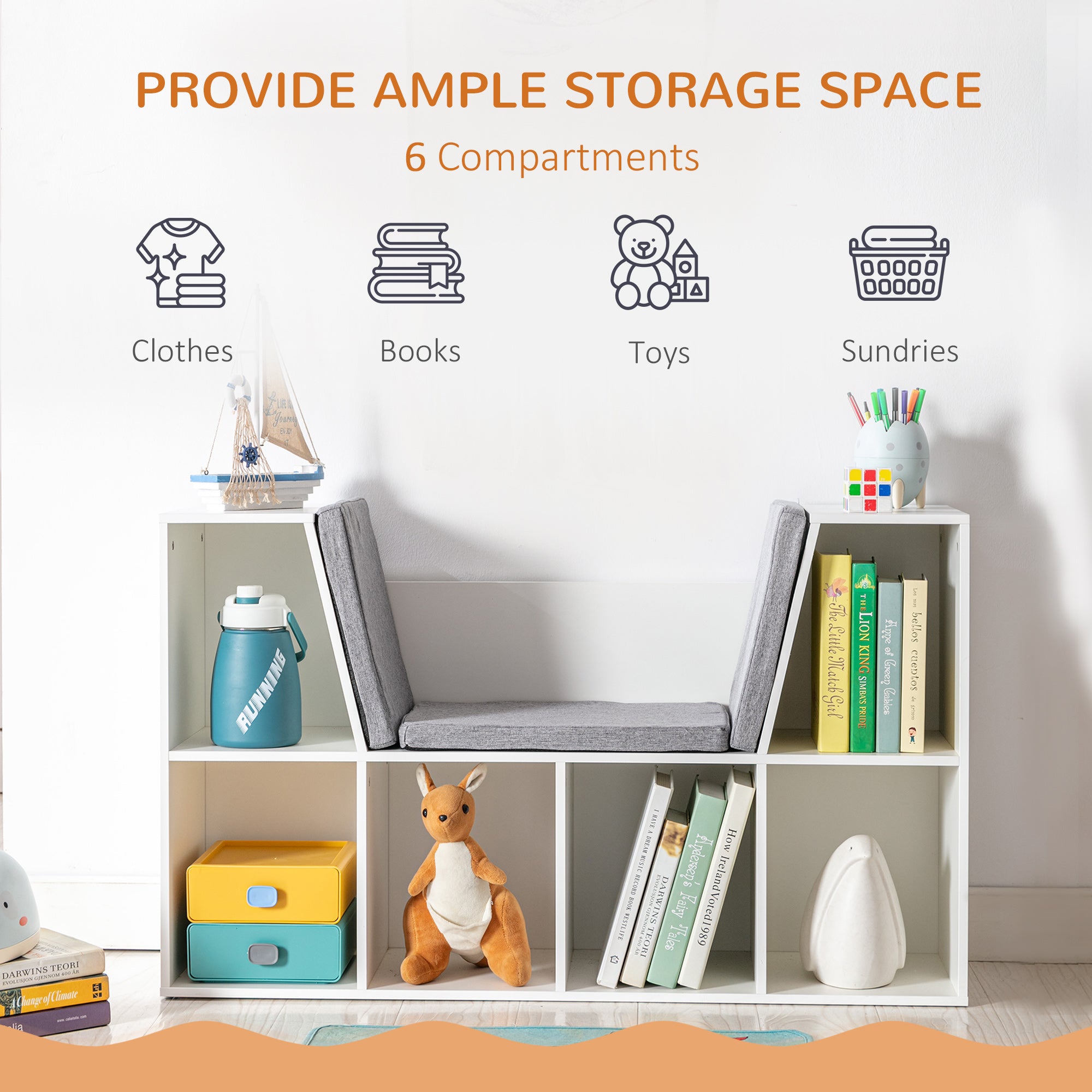 6-Cubby Kids Bookcase with Reading Nook and Cushion, Multi-Purpose Storage Organizer for Bedroom, Living Room, Pure White