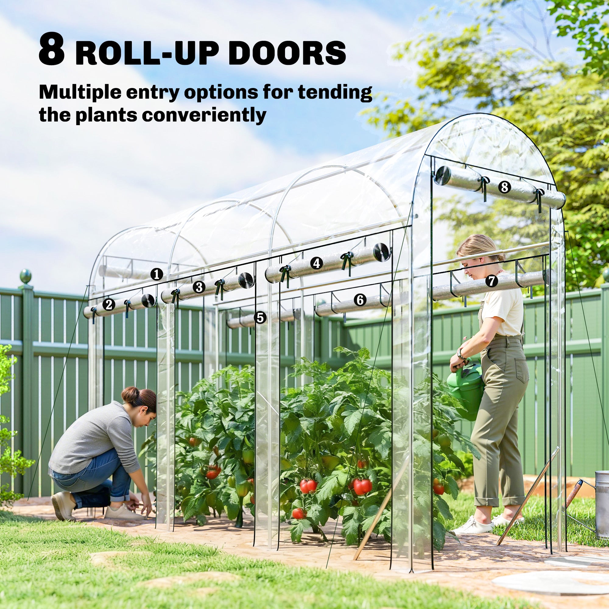 Walk-in Tunnel Greenhouse, Hoop House Greenhouse with 8 Roll-Up Doors, 10' x 3' x 6.5', Clear