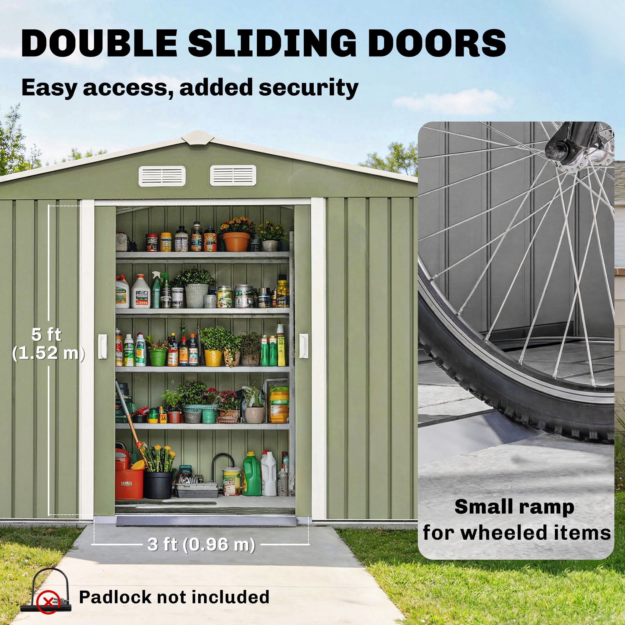 9' x 6' Outdoor Storage Shed, Garden Tool Metal Shed with Foundation Kit, Double Lockable Door, Air Vents and Sloping Roof, for Backyard, Patio, Lawn, Green