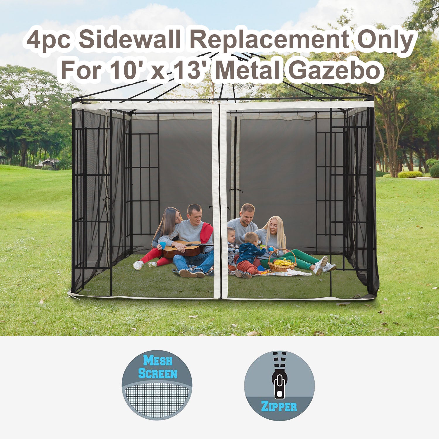 9.84' x 13.1' Gazebo with Netting, Universal Size, Canopy Tents with Zippers, black rings, high-quality polyester, Washable, (Sidewall Only) Black