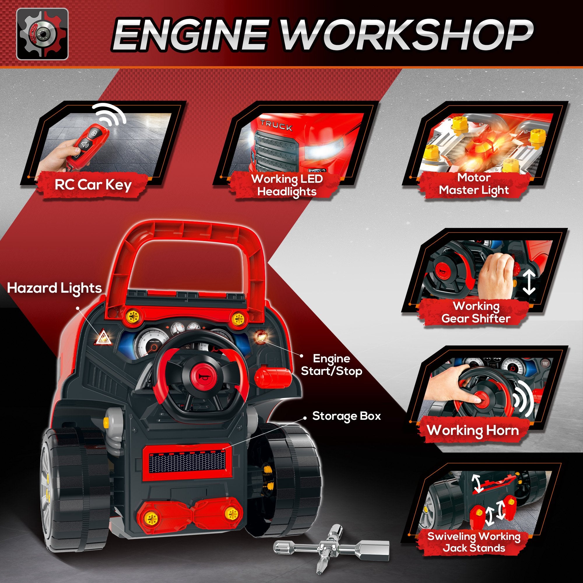 Mechanic Kids Truck Engine Toy Set, Car Service Play Set, Red