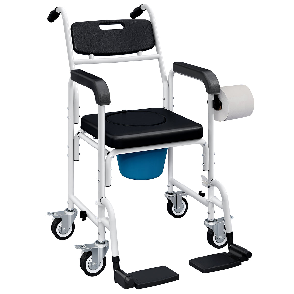 Rolling Shower Wheelchair for Seniors, Bedside Commode Chair with Locking Wheels, Seat, Backrest, Arms, Black
