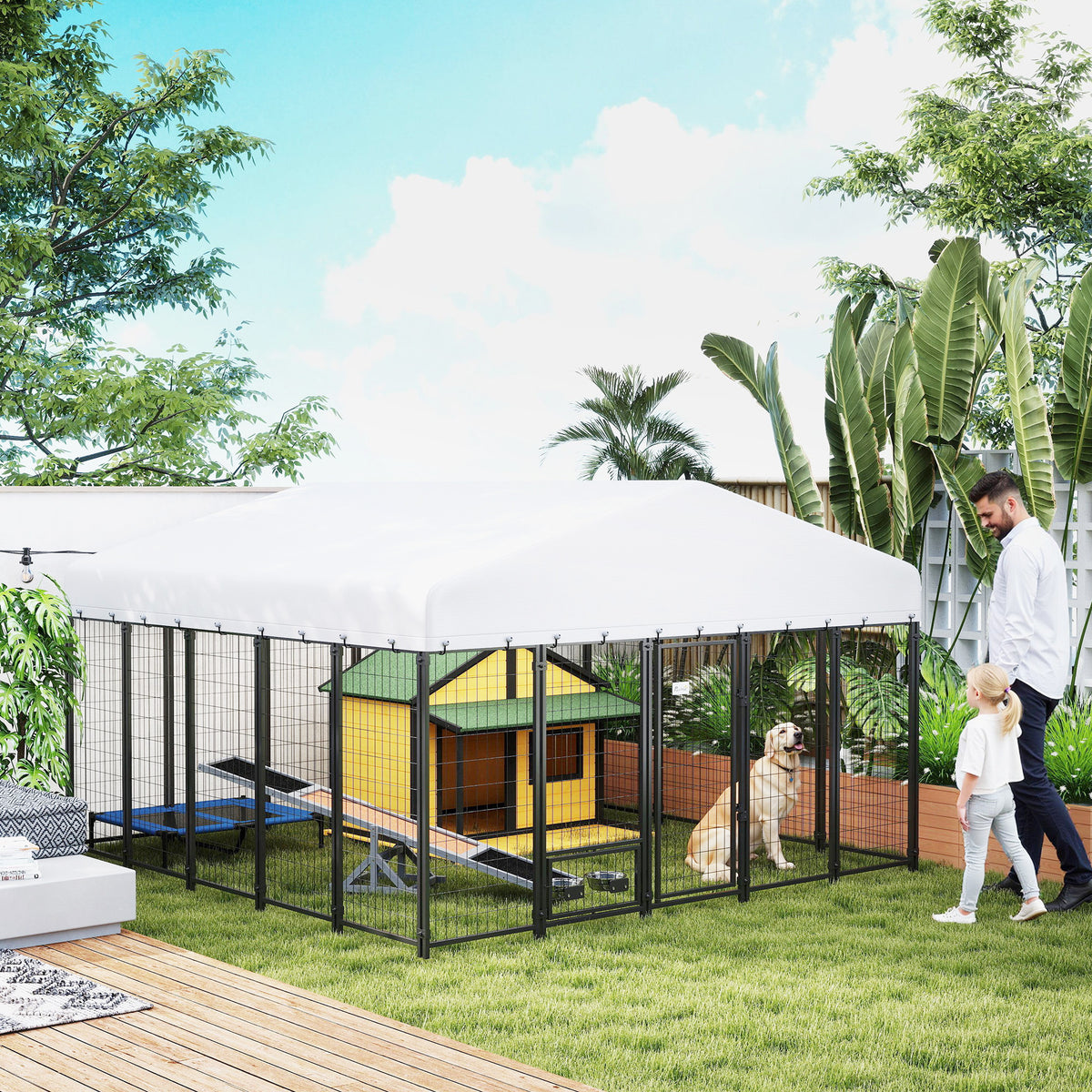 9.8' x 9.8' x 6' Outdoor Dog Kennel, Dog Kennel Outside Run with 360° Rotating Bowls, Waterproof & UV Resistant Cover