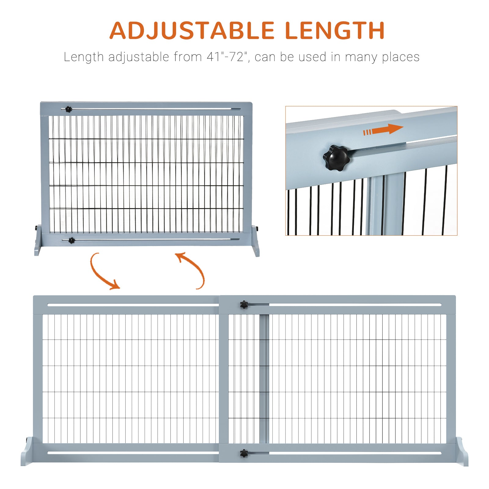 71" W x 27.25" H Extra Wide Freestanding Pet Gate with Adjustable Length Dog, Cat, Barrier for House, Doorway, Hallway, Blue-Gray