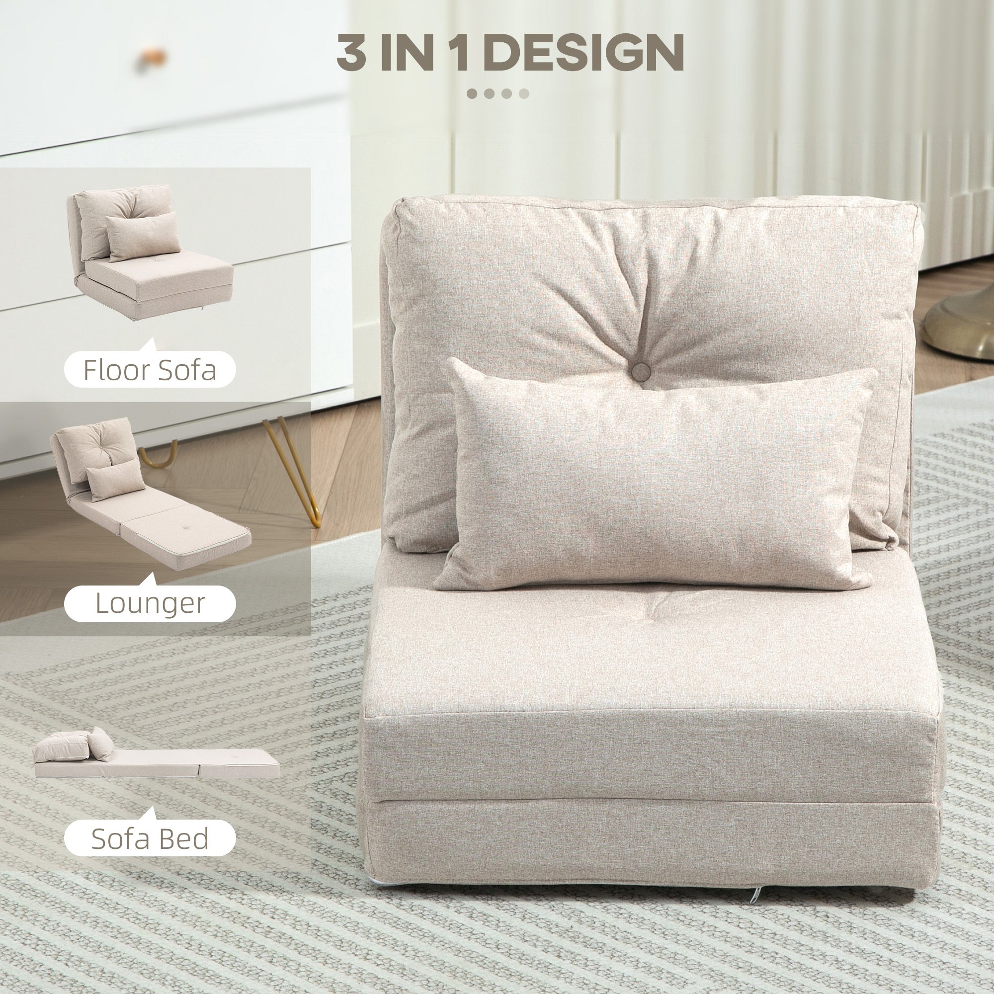 Floor Chair, Convertible Floor Sofa Bed, Folding Upholstered Couch Bed with Adjustable Backrest, Beige