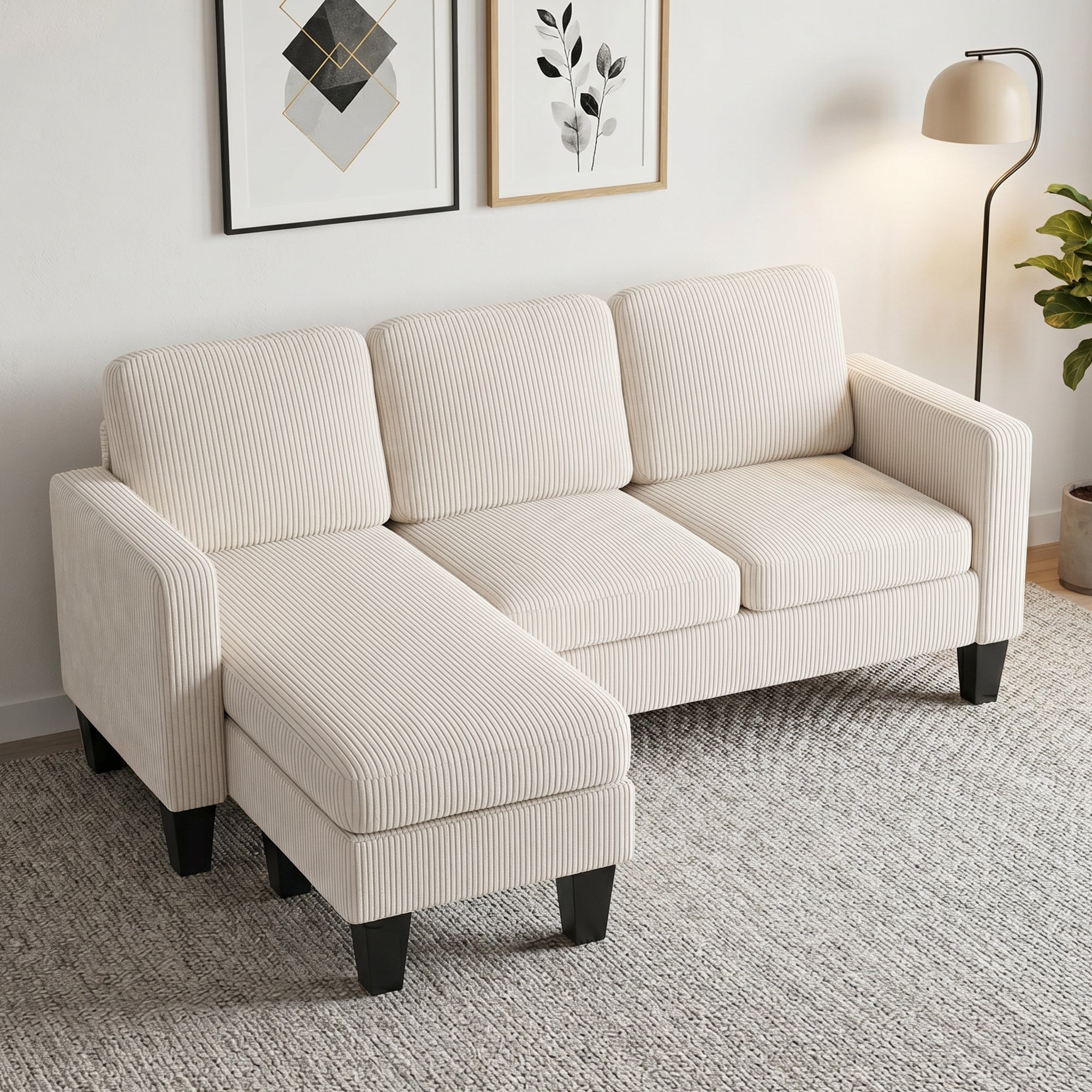 Sectional Sofa, L Shaped Couch, with Reversible Chaise or Ottoman, Cream White