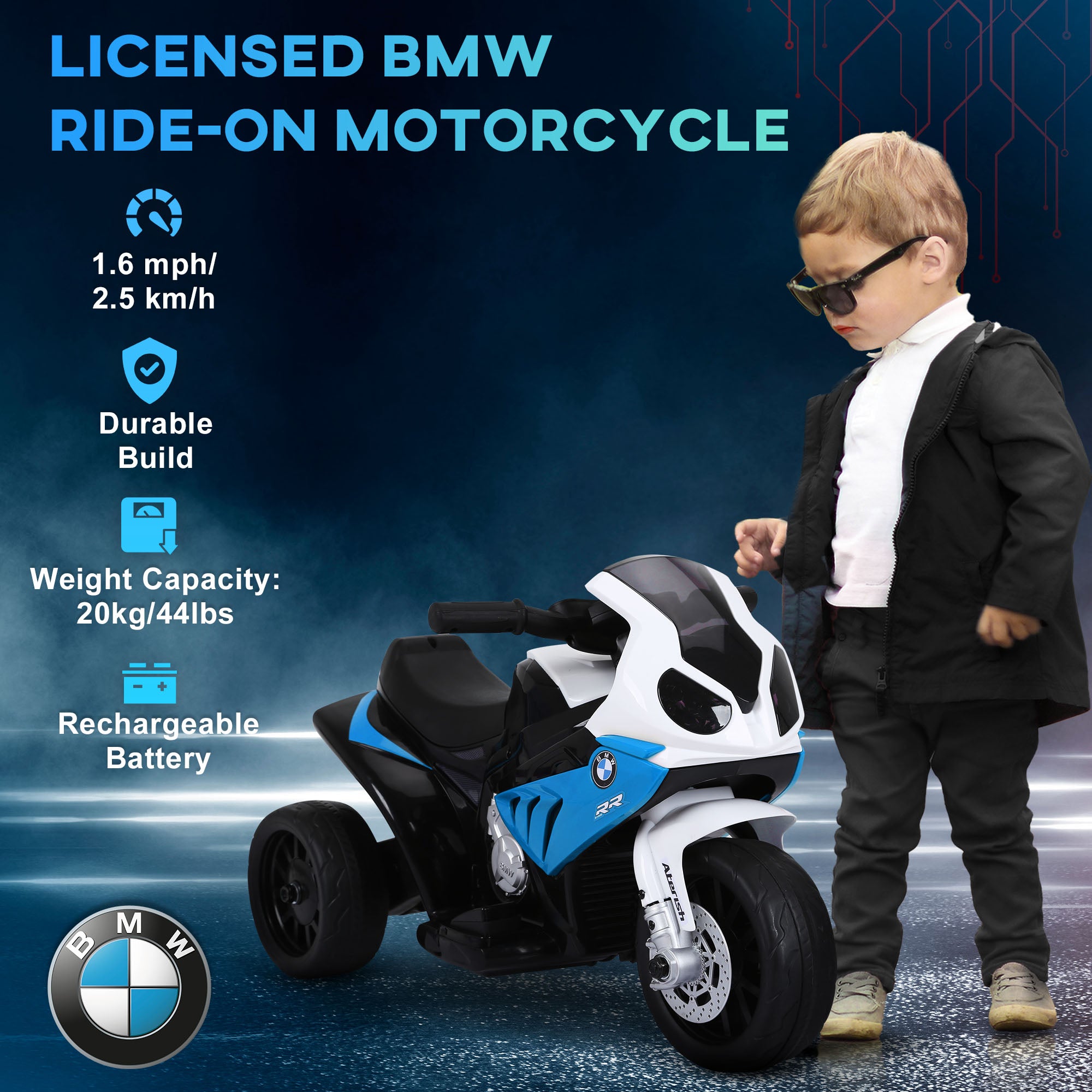 6V 3 Wheeled Electric Motorcycle, Kids Motorcycle Licensed with Headlight, Music, Blue