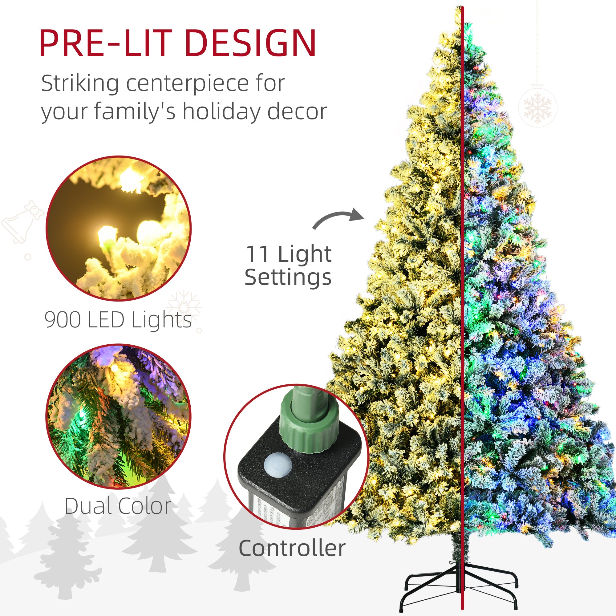9' Artificial Snow Christmas Trees with Frosted Branches, Warm White or Colorful LED Lights, Steel Base