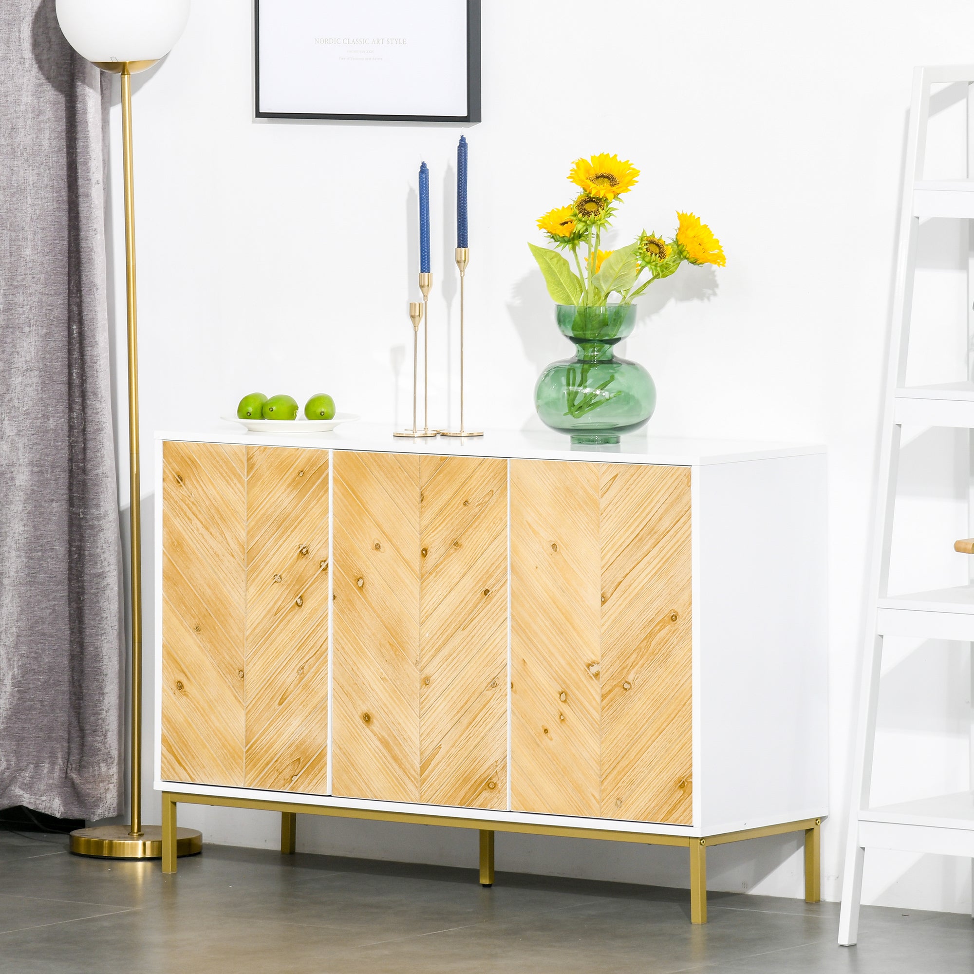 3 Door Sideboard Buffet Cabinet, Coffee Bar Cabinet with Chevron Pattern, Adjustable Shelf and Metal Legs, Natural Wood