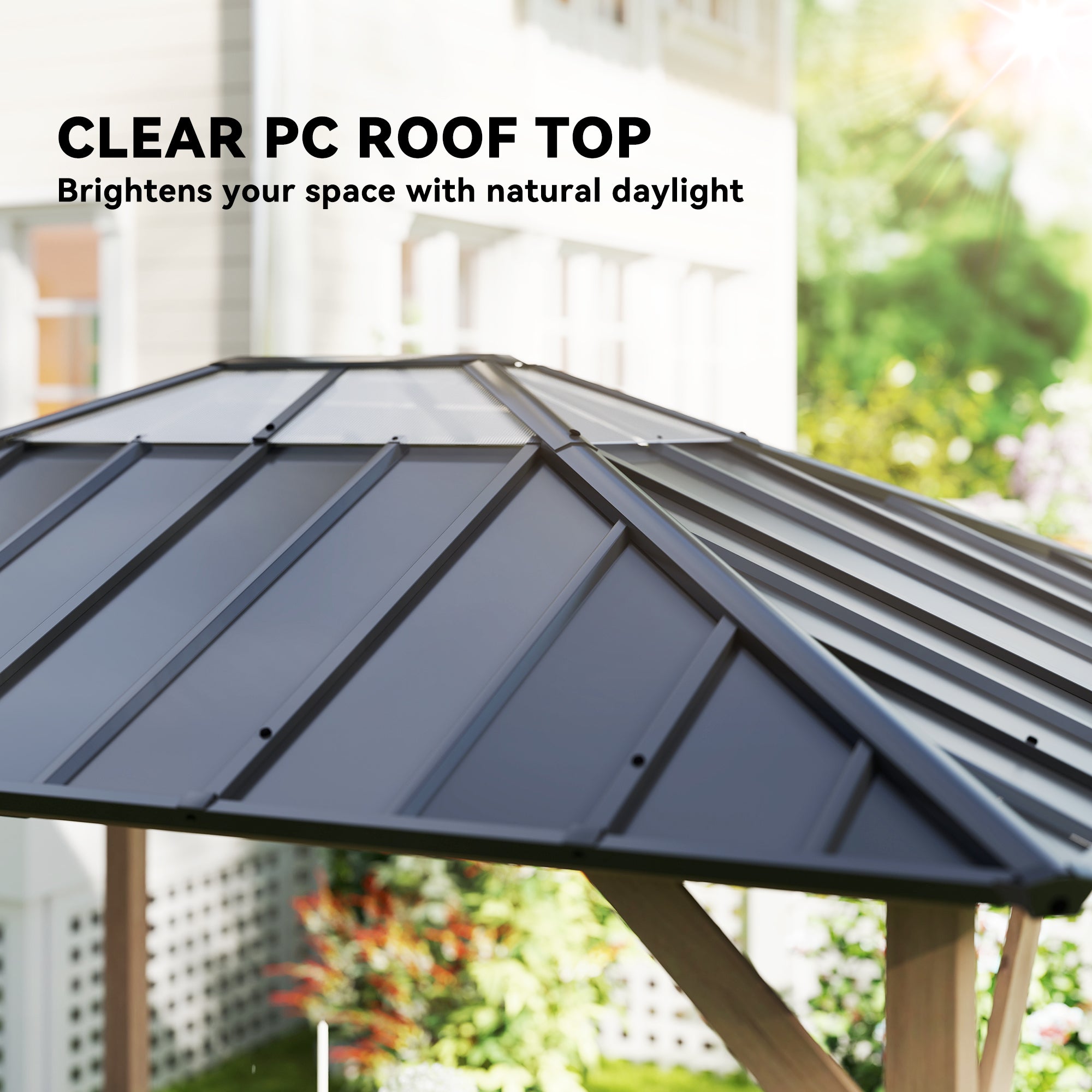 10' x 12' Hardtop Gazebo with Galvanized Steel Roof, UPF50+ Wood Permanent Pavilion with Clear Roof Top, Light Walnut