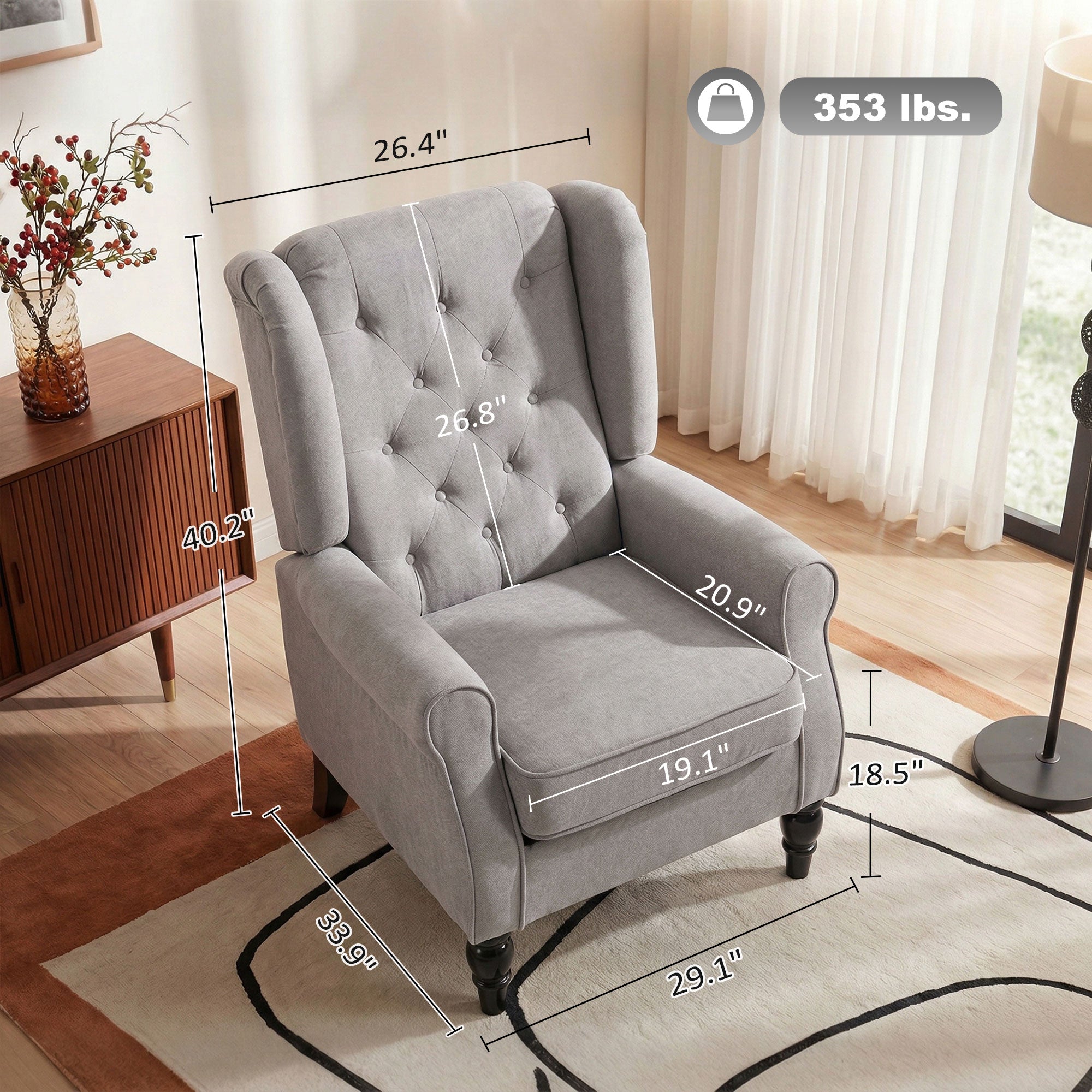 Mid-Century Modern Accent Chair, High Wingback Reading Chair, Button-Tufted Upholstered Fabric Armchair with Retro Wood Legs for Apartment, Living Room, Bedroom, Gray