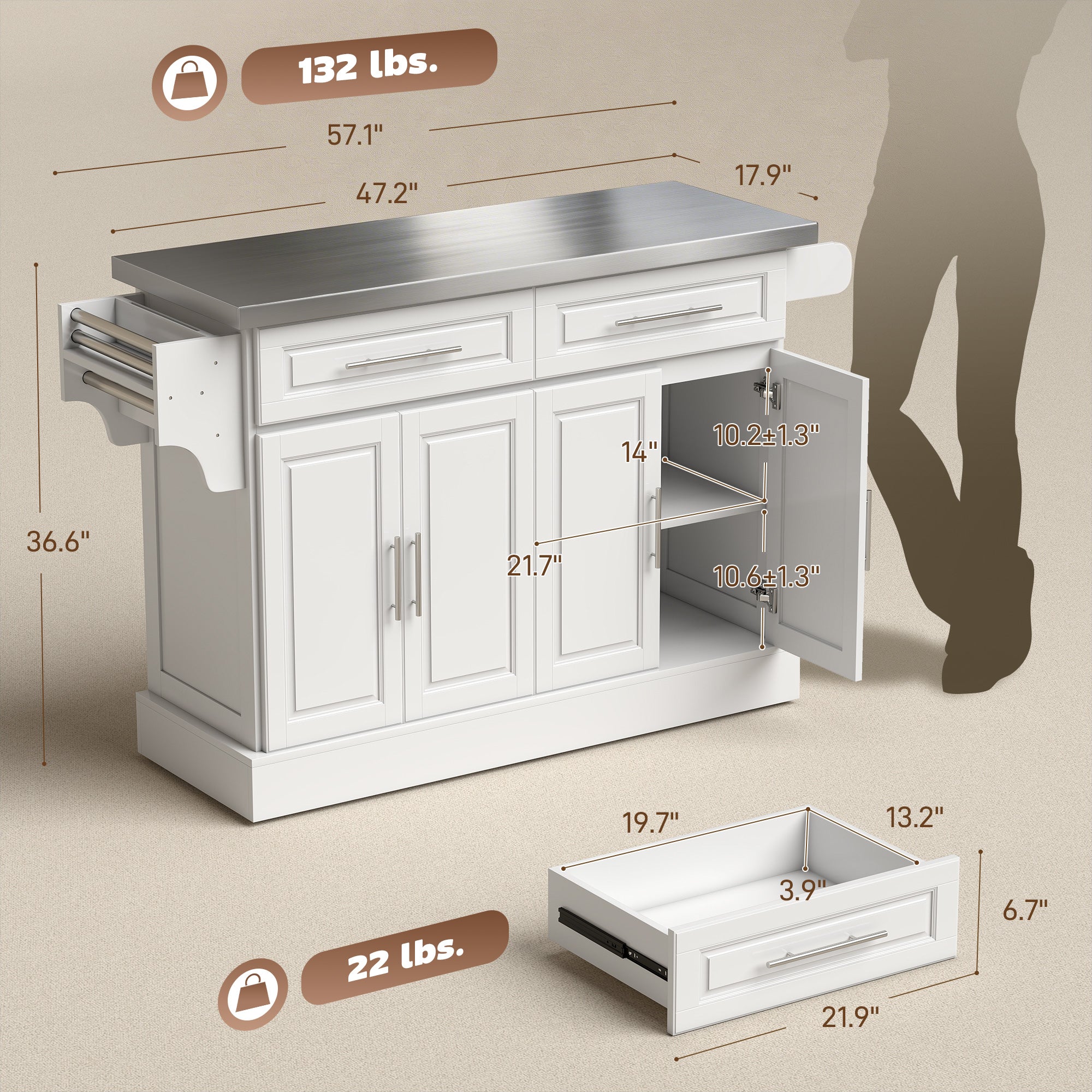 Rolling Kitchen Island Cart with 47" Stainless Steel Top, Portable Island Table for Kitchen with Wheels, Adjustable Shelves, 2 Drawers, Spice, Knife and Towel Rack, White