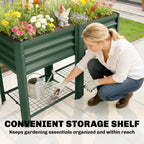 Raised Garden Bed Galvanized Steel, Elevated Planter Box with Storage Shelf, Bed Liner, 31.5" High, Green