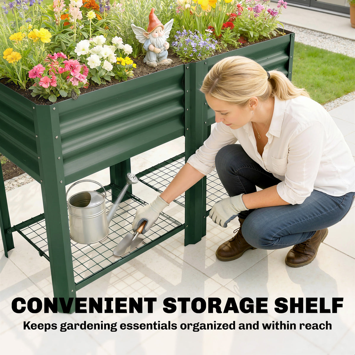 Raised Garden Bed Galvanized Steel, Elevated Planter Box with Storage Shelf, Bed Liner, 31.5" High, Green