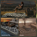Outdoor Rug Carpet Reversible Plastic Straw Rug with LED Lights Black and White 12' x 9' for Patio
