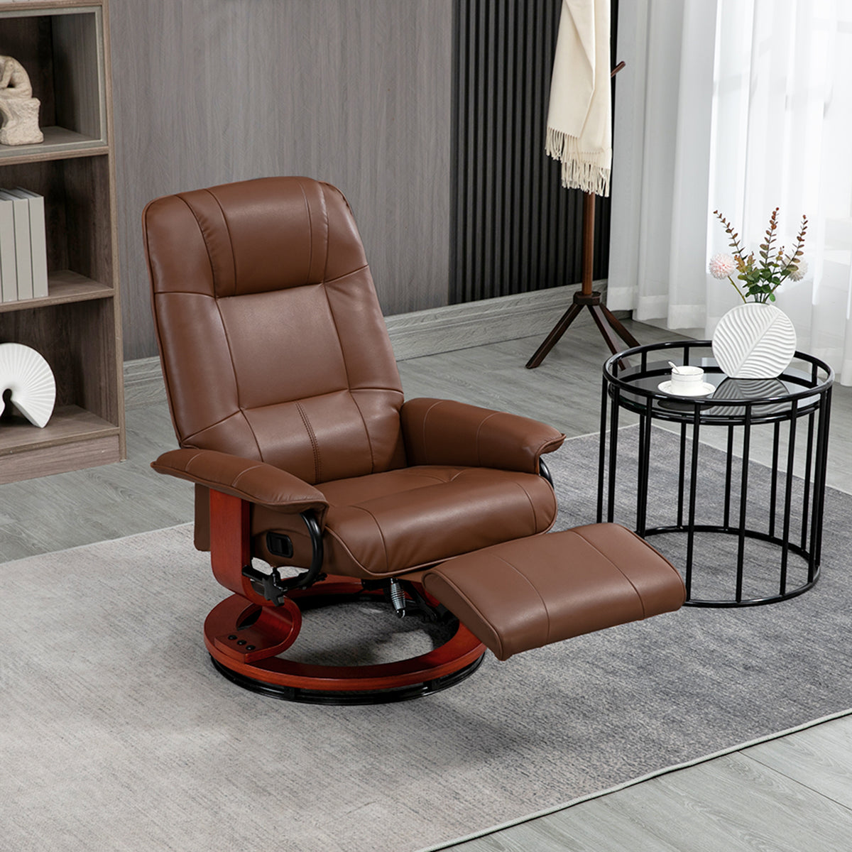 Air Leather Manual Recliner, Adjustable Swivel Lounge Chair with Footrest, Armrest and Wrapped Wood Base, Brown