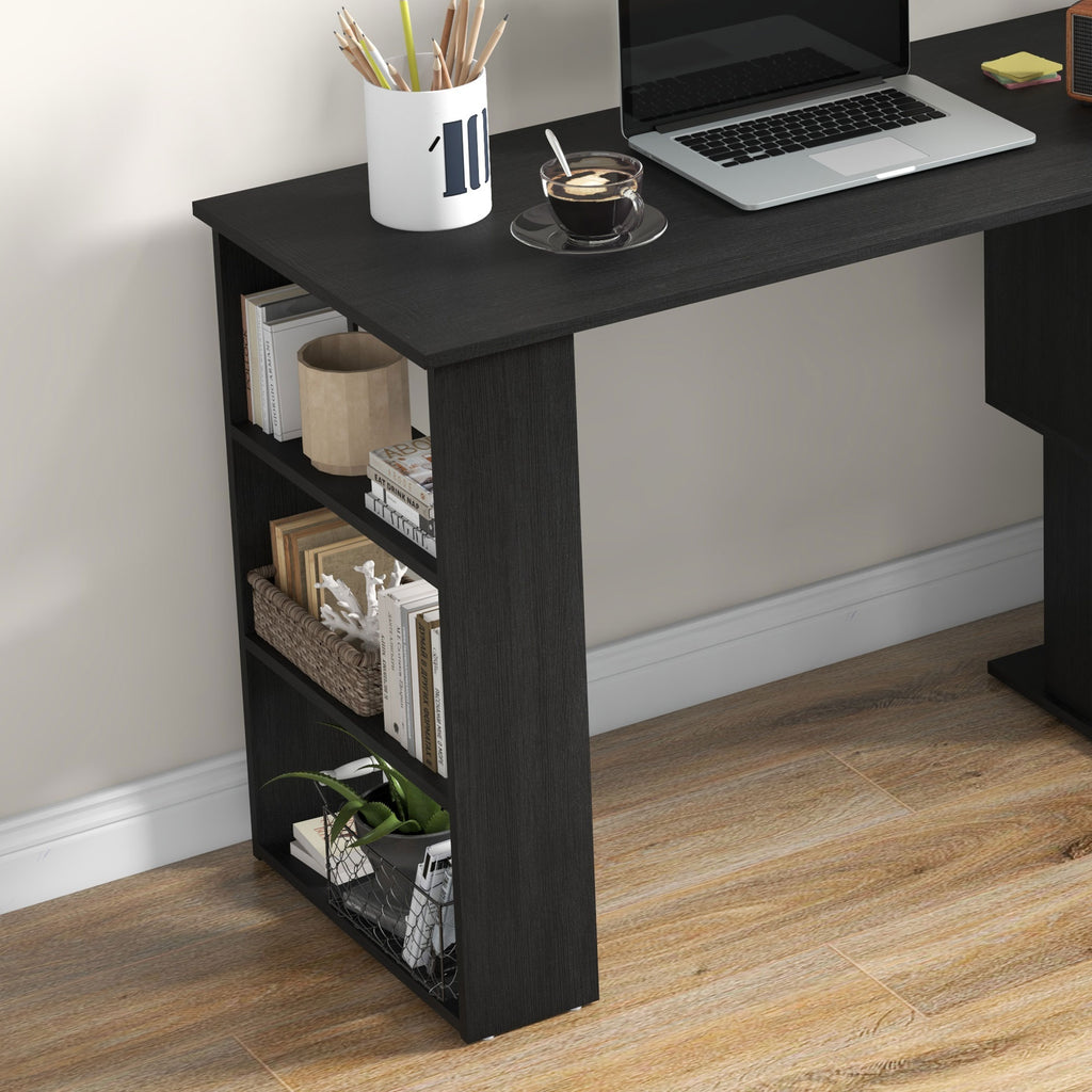 L Shaped Desk, Corner Computer Desk, 360 Degree Rotating Home Office Desk with Storage Shelves, Writing Table Workstation, Black