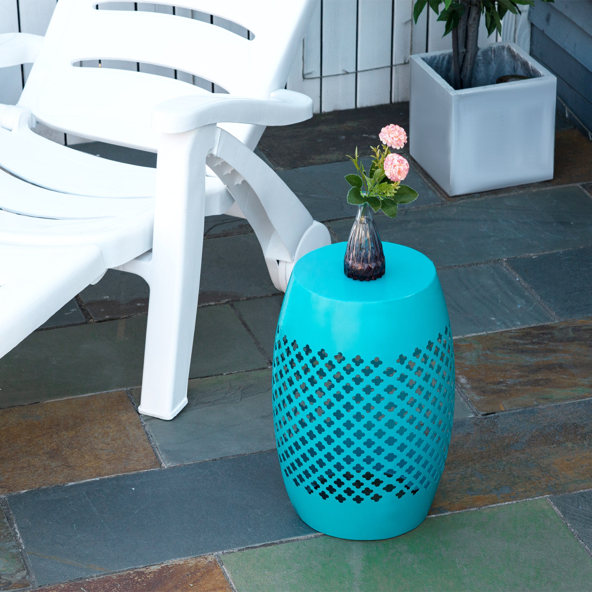 12" Steel Outdoor Side Table, Round Hollow Drum Patio End Table, Accent Table for Indoor and Outdoor, Blue