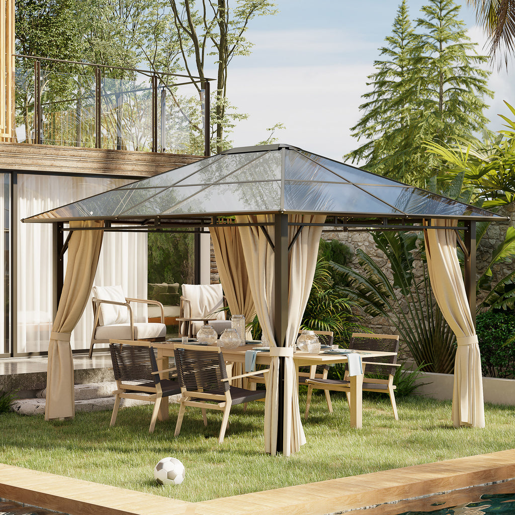 10' x 12' Hardtop Gazebo Canopy with Polycarbonate Roof, Aluminum Frame, Permanent Pavilion Outdoor Gazebo with Curtains for Patio, Garden, Backyard, Deck, Lawn, Dark Brown, Off-White