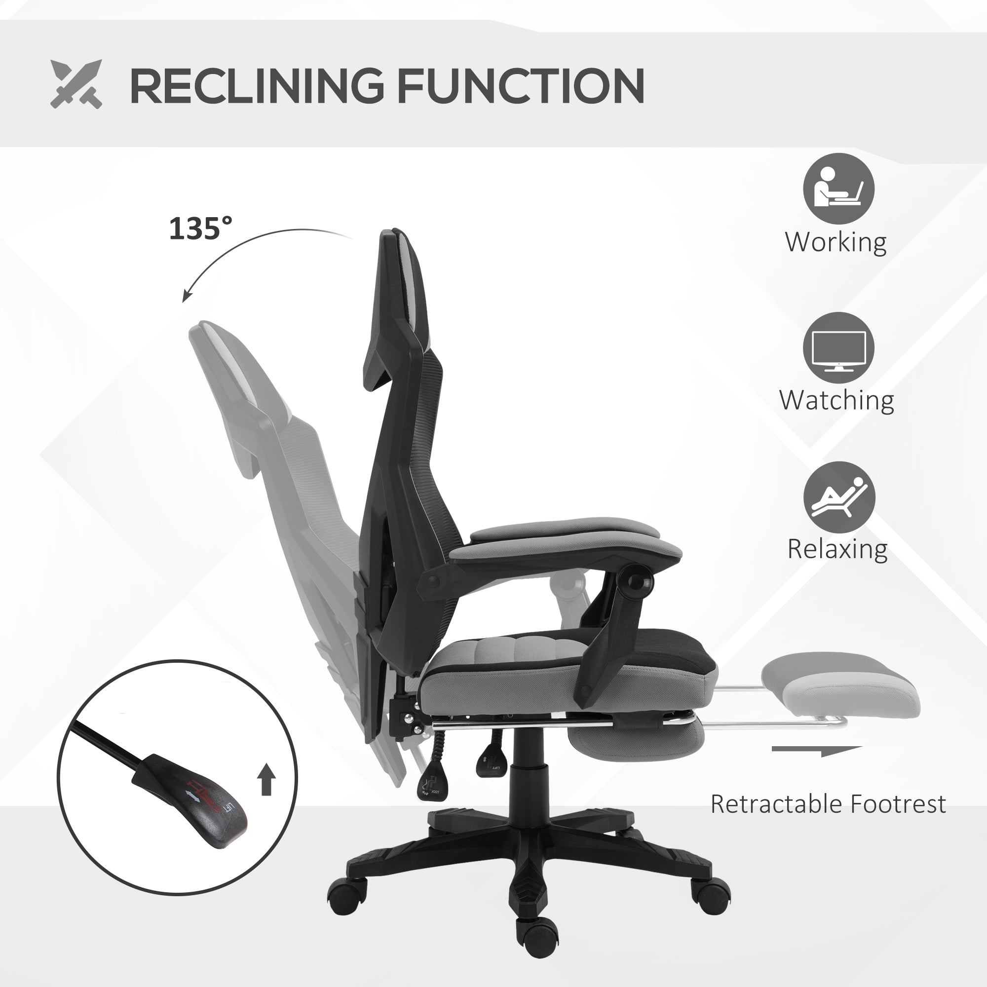 Home Office Chair Adjustable Height Recliner with Retractable Footrest, Mesh Back - Gray