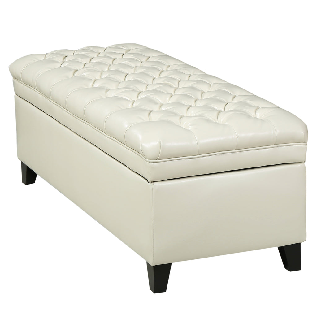 Storage Ottoman with Birch Legs, Faux Leather Tufted, 50" L x 20.5" W x 18.25" H, Spot Clean, Ivory