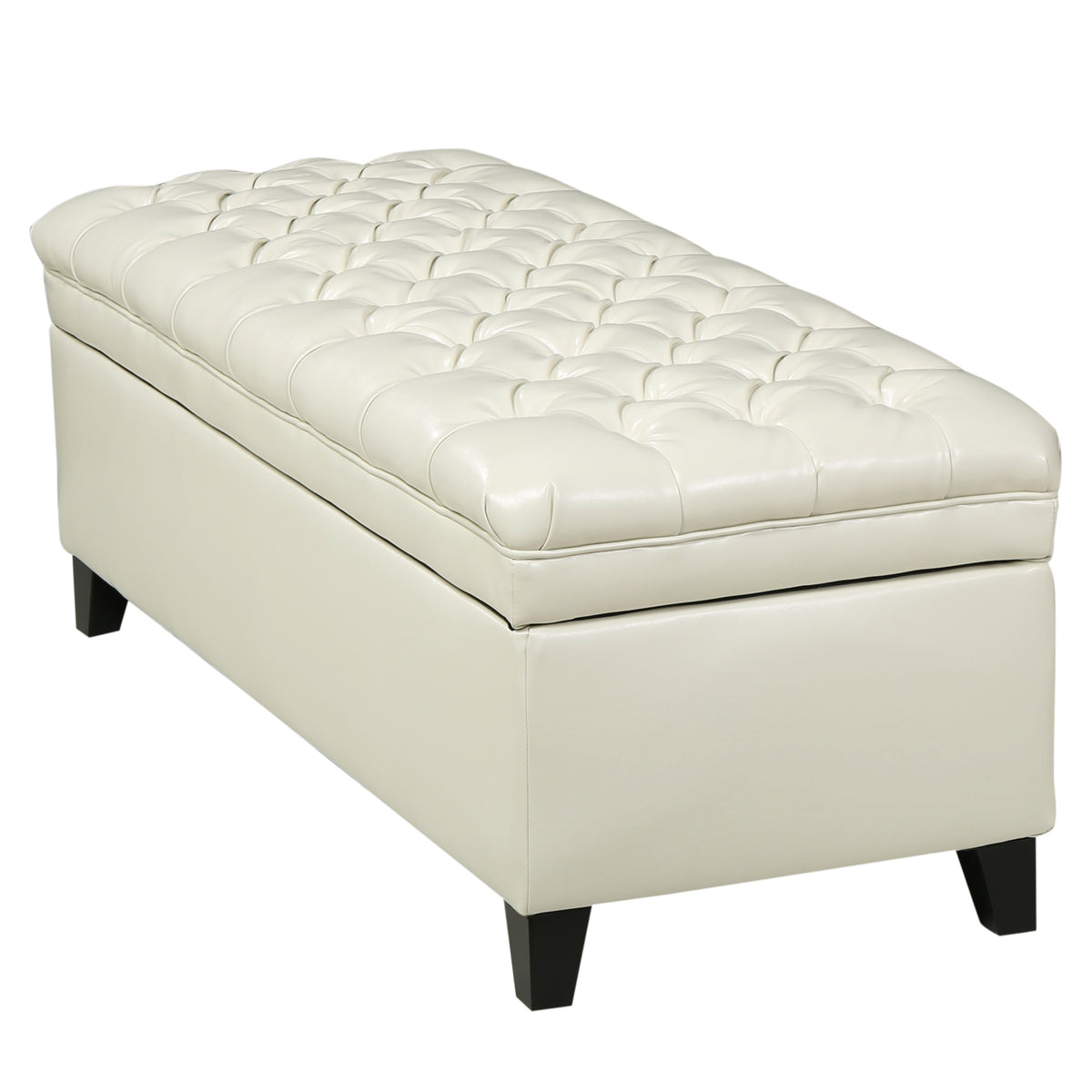 Storage Ottoman with Birch Legs, Faux Leather Tufted, 50" L x 20.5" W x 18.25" H, Spot Clean, Ivory
