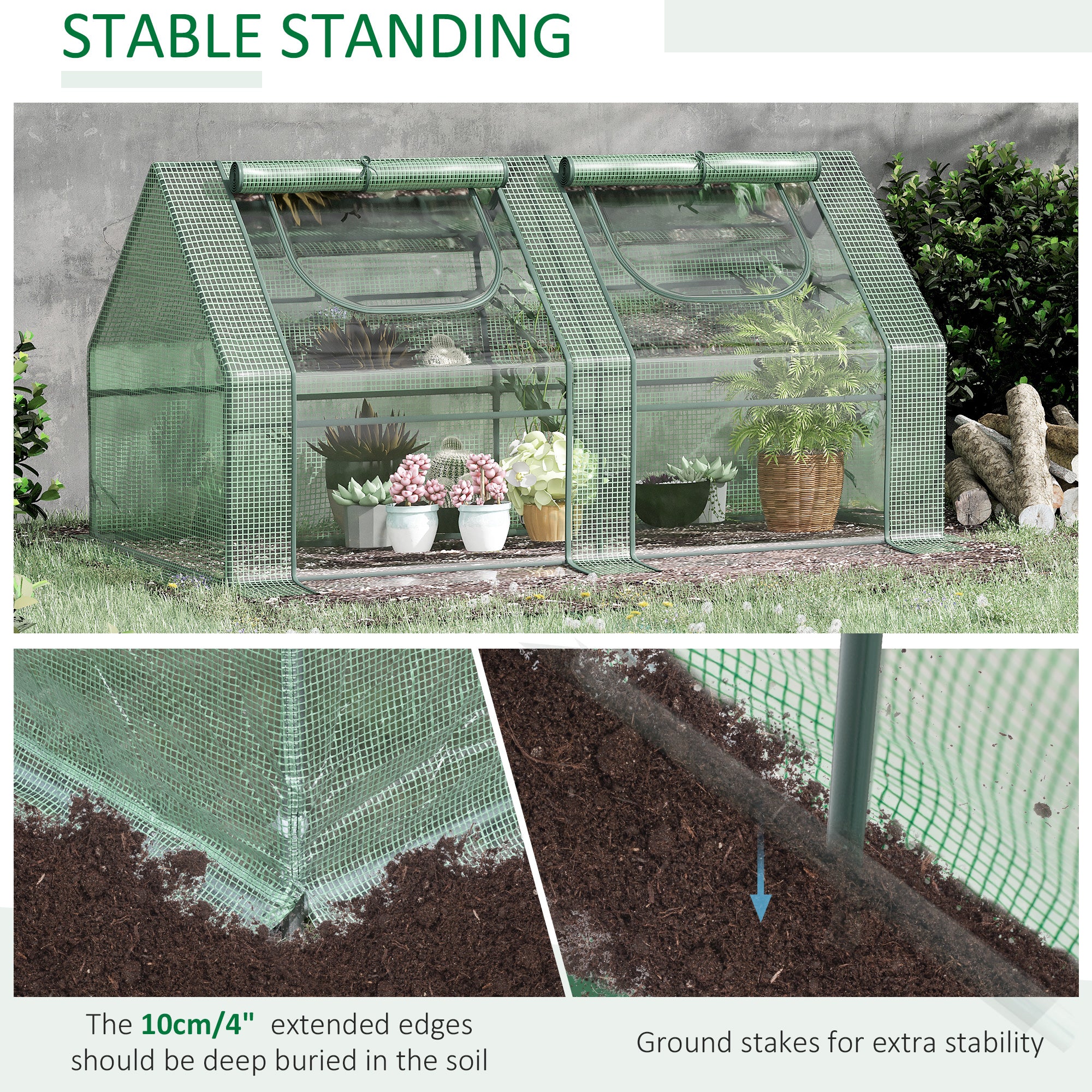 6' x 3' x 3' Portable Greenhouse, Garden Hot House with Two PE/PVC Covers and 2 Roll Up Windows, Green