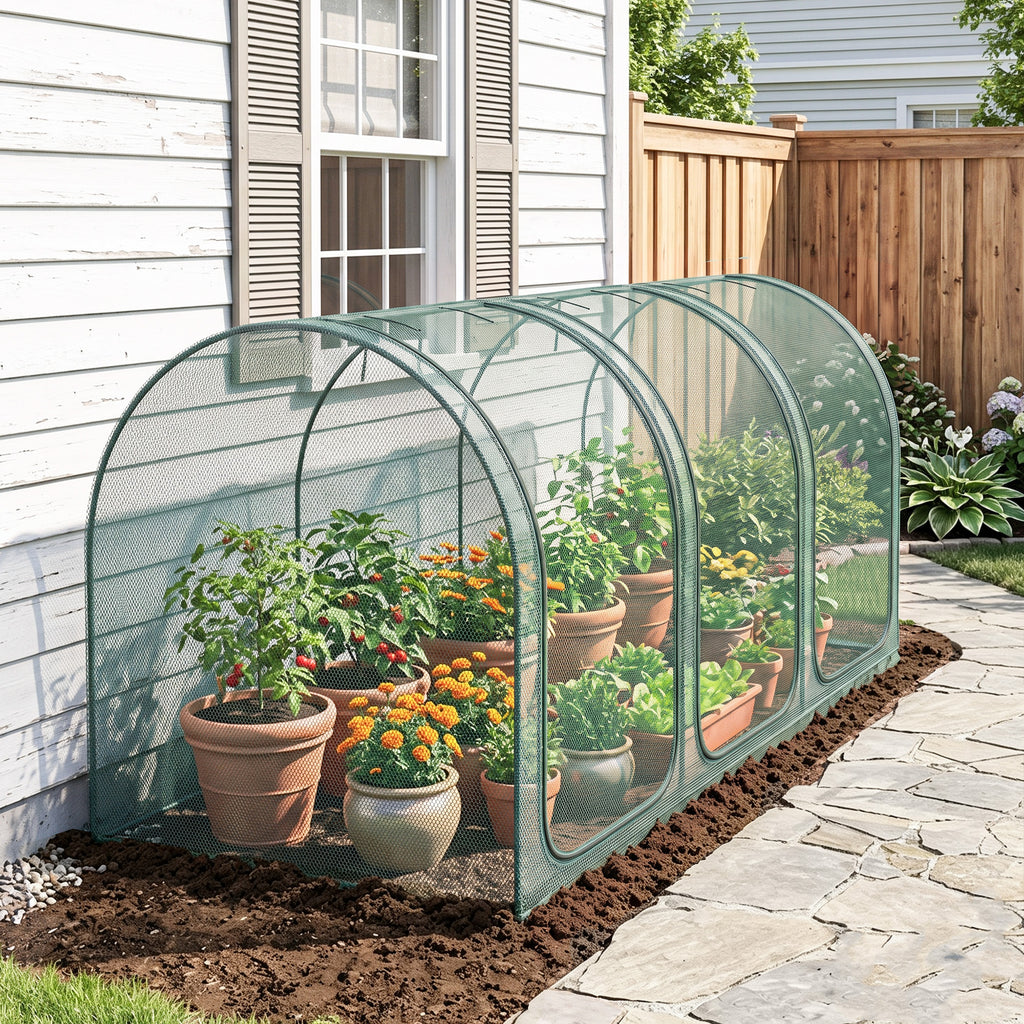 9' x 4' Crop Cage, Plant Protection Tent with Three Zippered Doors, Storage Bag and 4 Ground Stakes, for Garden, Yard, Lawn, Green