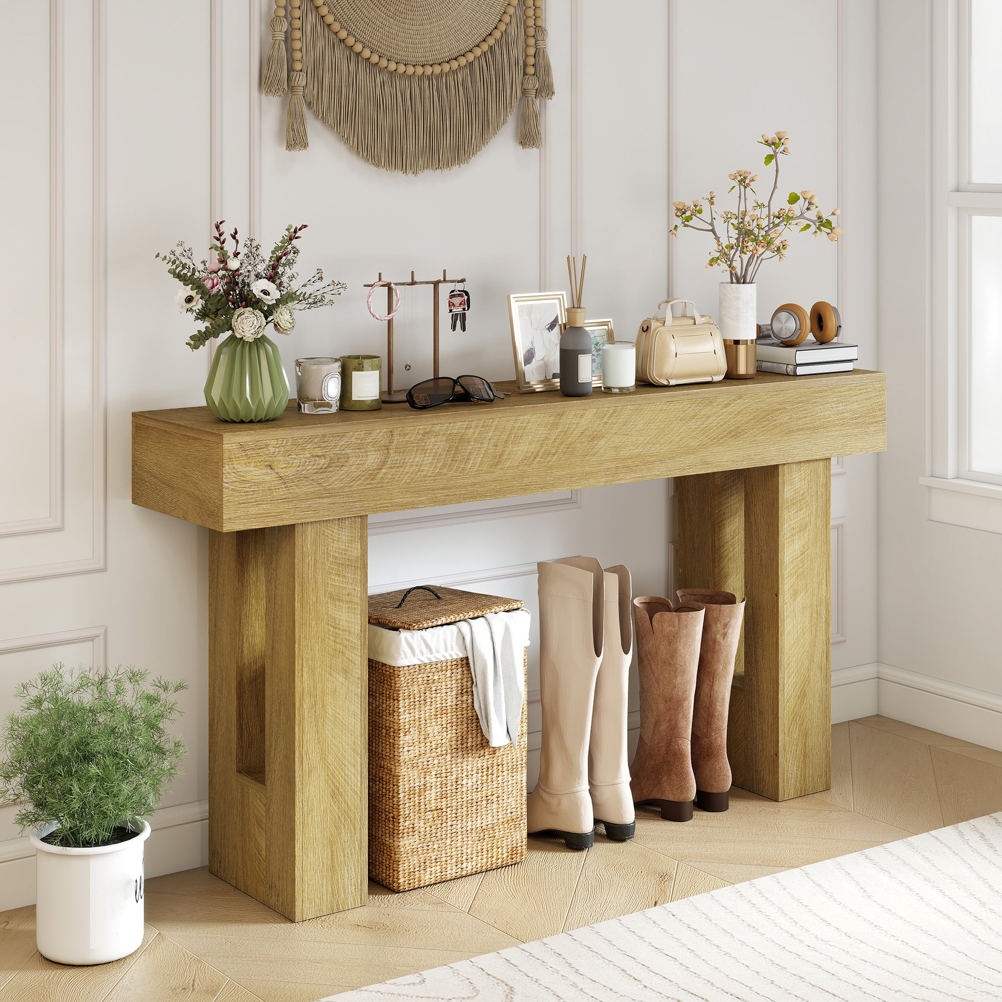 63 Inch Console Table, Sofa Table Behind the Couch with Thickened Tabletop for Living Room, Hallway, Entrance, Oak