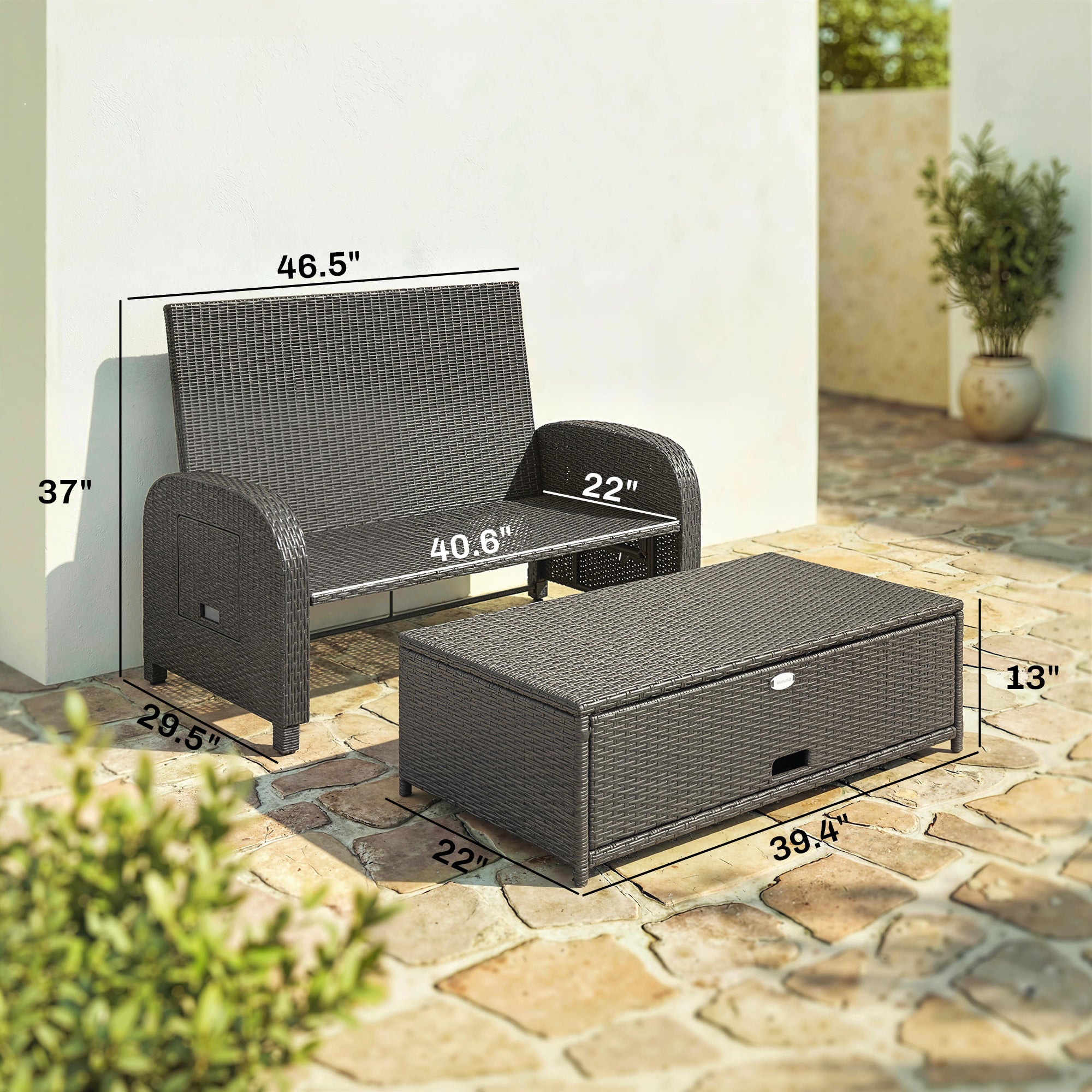 Patio Rattan Daybed, Wicker Outdoor Daybed with Storage Ottoman, Loveseat w/ Adjustable Backrest, Beige