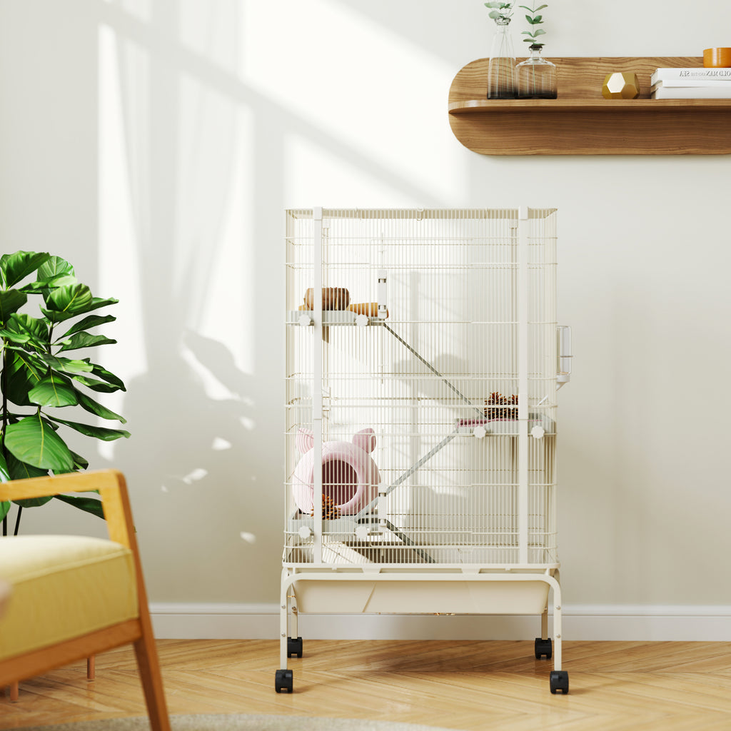 47" Small Animal Cage, 4 Levels Large Rolling Metal Ferret Cage w/ 5.9" Deep Tray, Ramps, Water Bottle, Food Dish, Beige