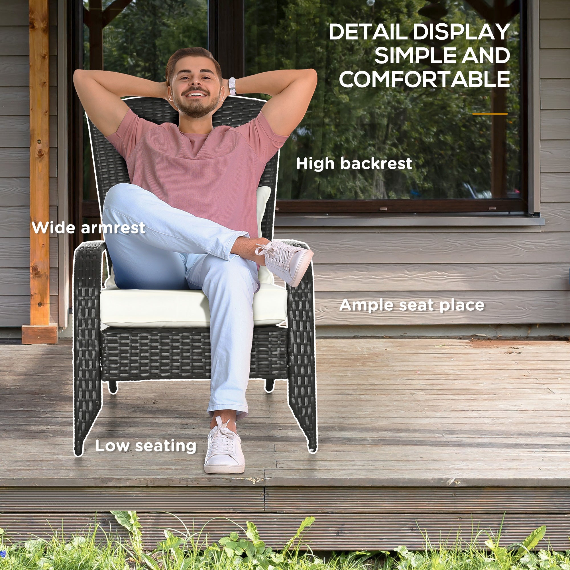 Wicker Adirondack Chair, Outdoor All-Weather Rattan Fire Pit Chair w/ Soft Cushions, Tall Curved Backrest, Cream White