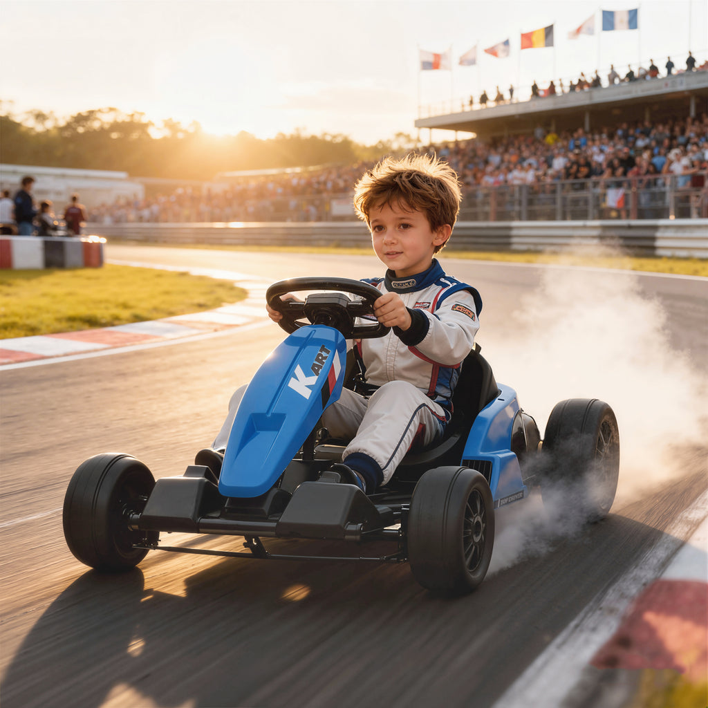 24V Electric Go Kart with Dual 150W Motors, Adjustable Seat & 11.2MPH High Speed, Slow Start, 5-Point Harness, Blue