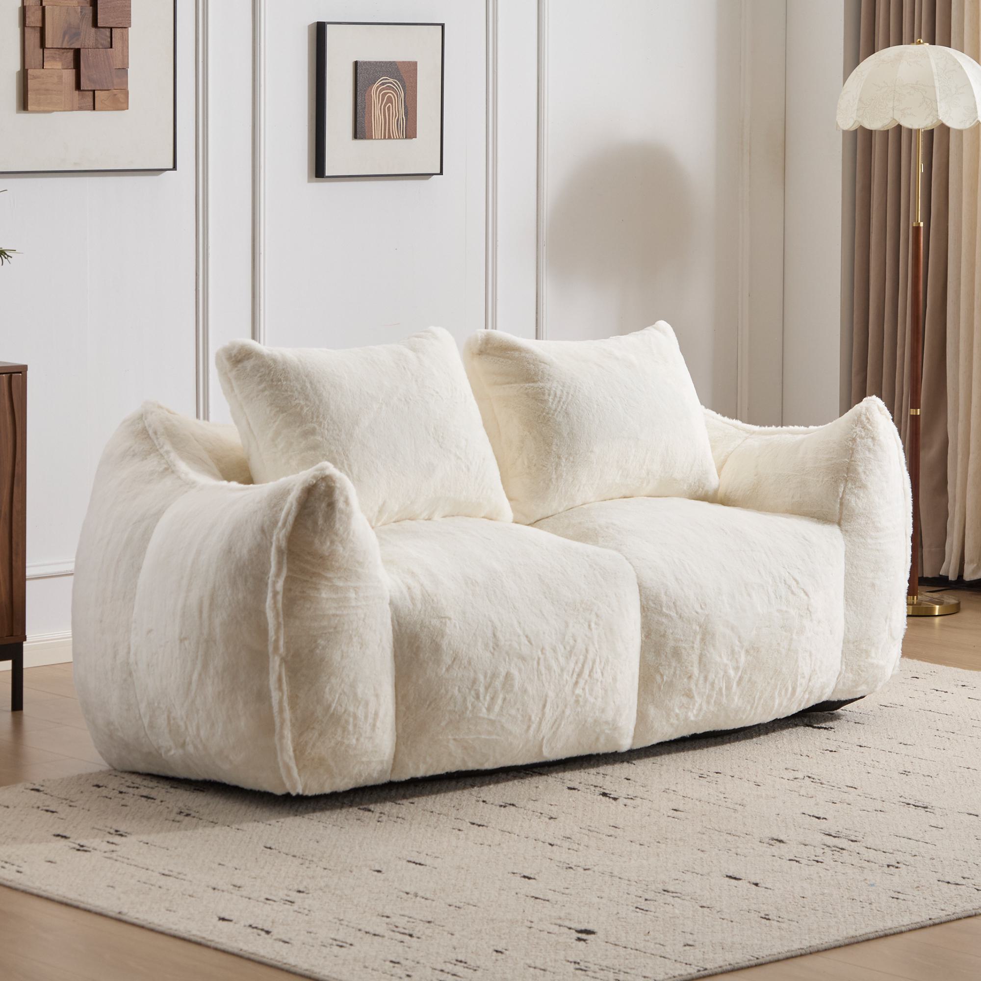 Bean Bag Sofa with High-Density Foam and Faux Fur Fabric, Compressed Sofa Oversized Fluffy Loveseat for Adults, 75" L x 42.5" W x 28.5" H, White