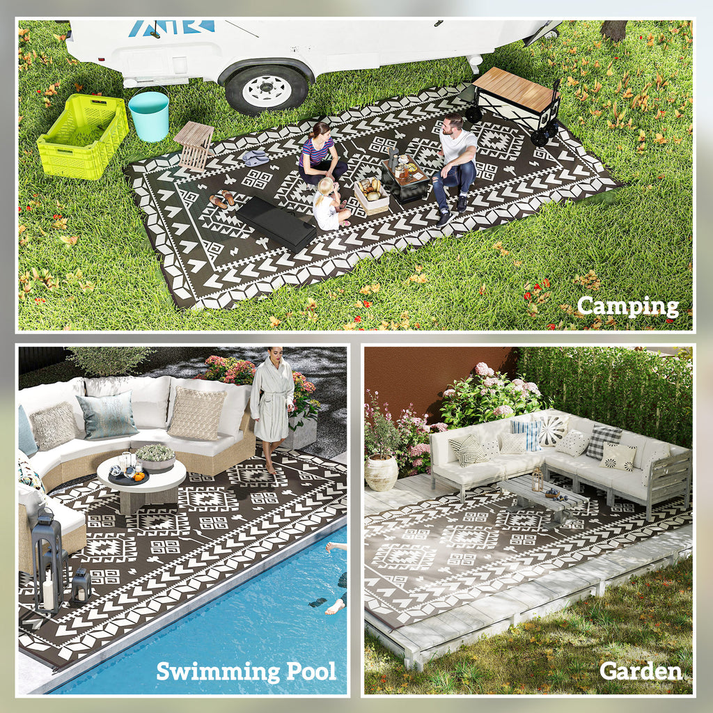 Reversible Outdoor Rug, Waterproof Plastic Straw with Carry Bag, 9' x 18', Black & White Rhombus Patchwork