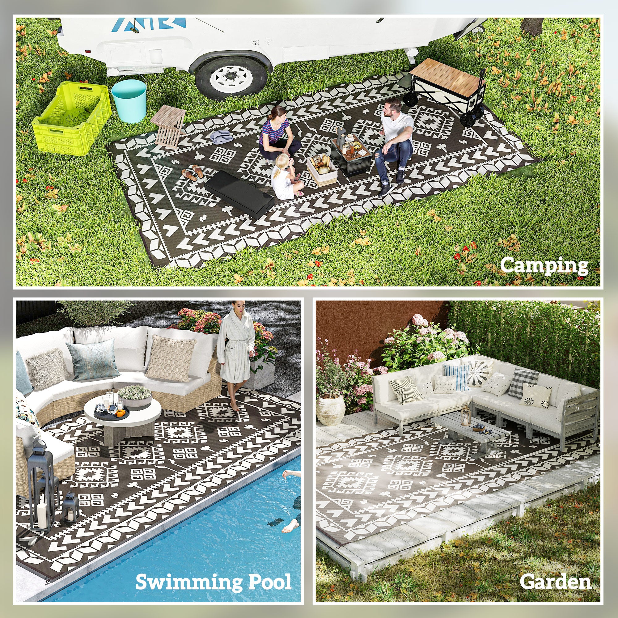 Reversible Outdoor Rug, Waterproof Plastic Straw with Carry Bag, 9' x 18', Black & White Rhombus Patchwork