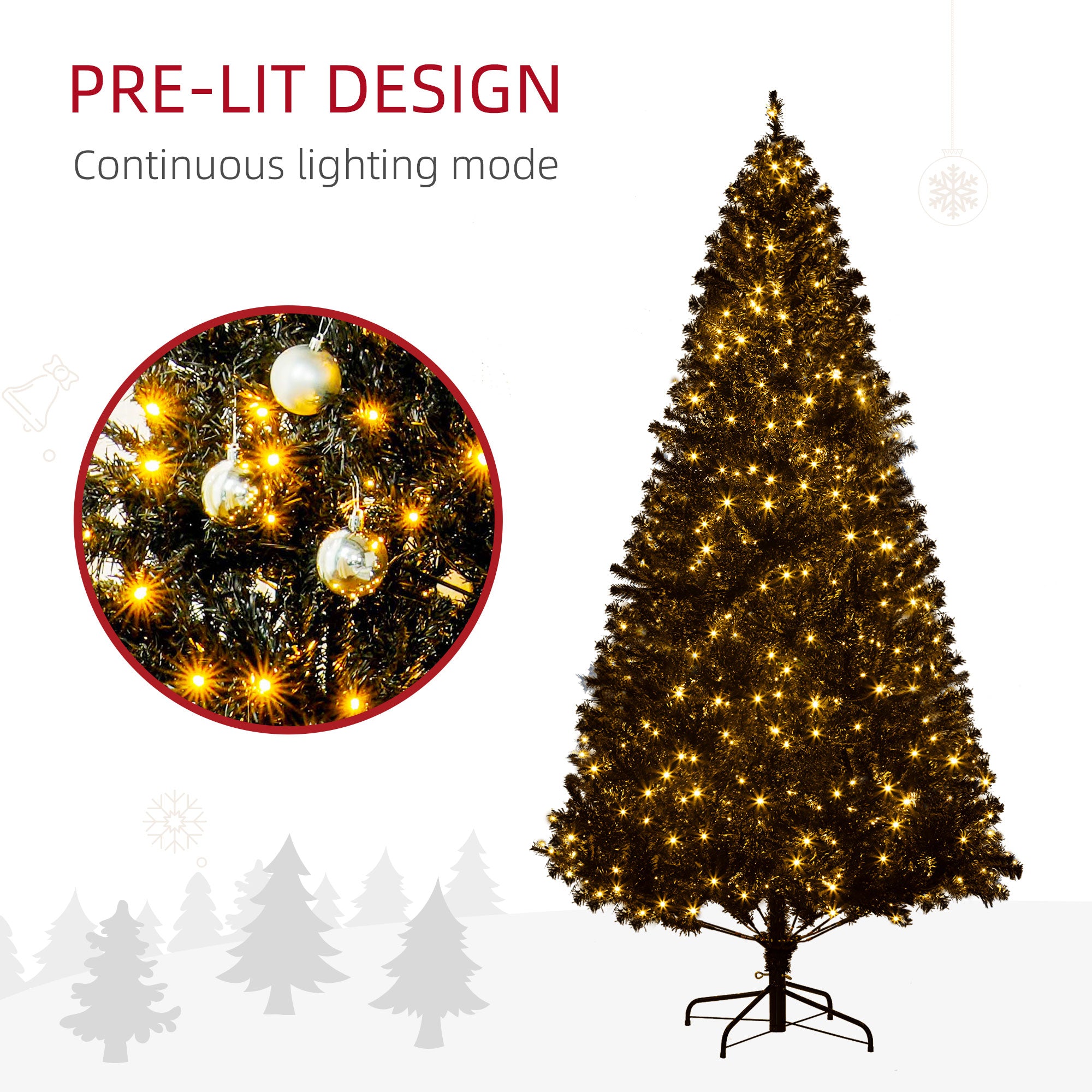 7.5 FT Tall PreLit Artificial Christmas Tree with Realistic Branches, 500 Warm White LED Lights and 1346 Tips, Black