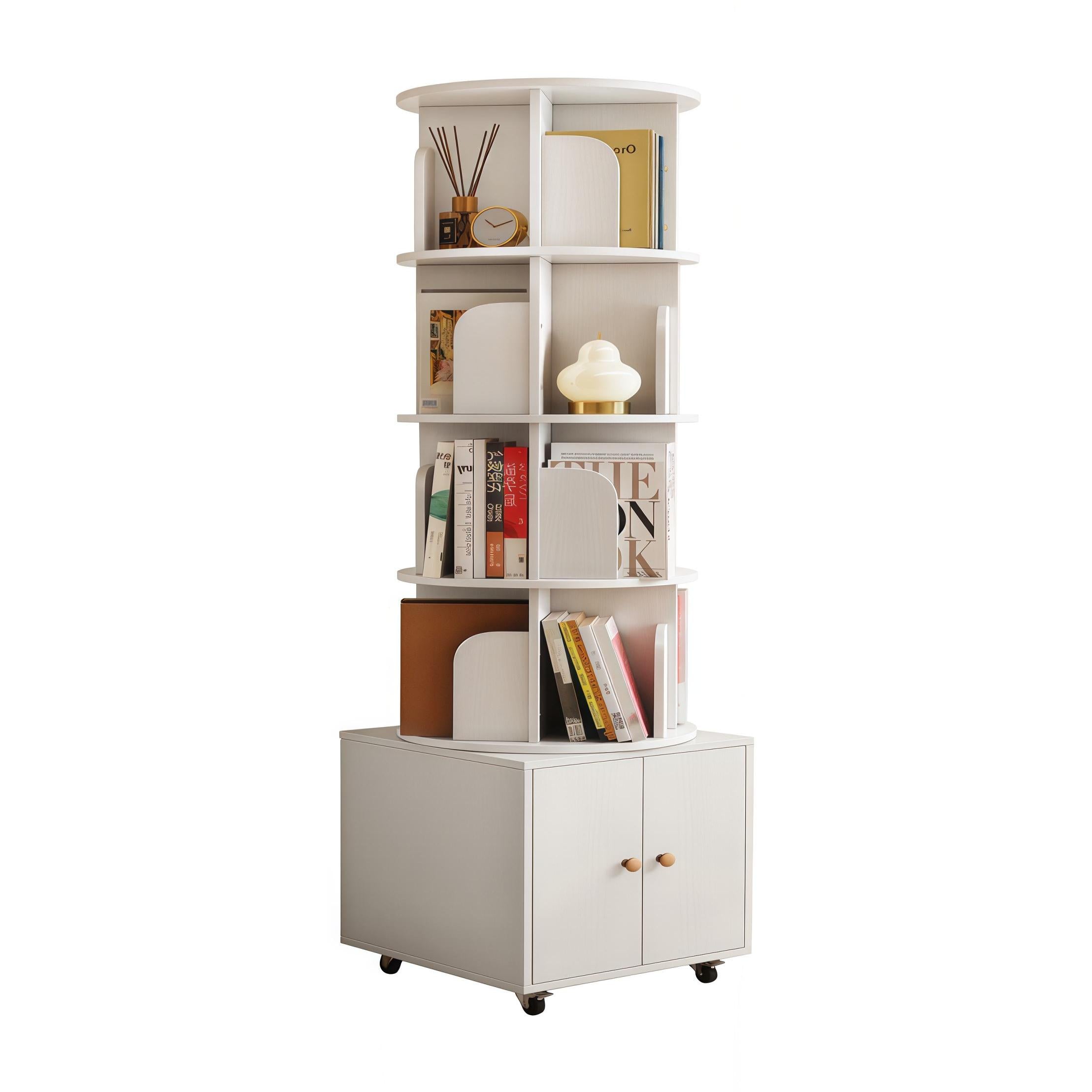 Rotating Bookshelf with Drawer and 360-Degree Display, Book Shelf Organizer for Bedroom, Living Room, 18" L x 18" W x 70" H, White