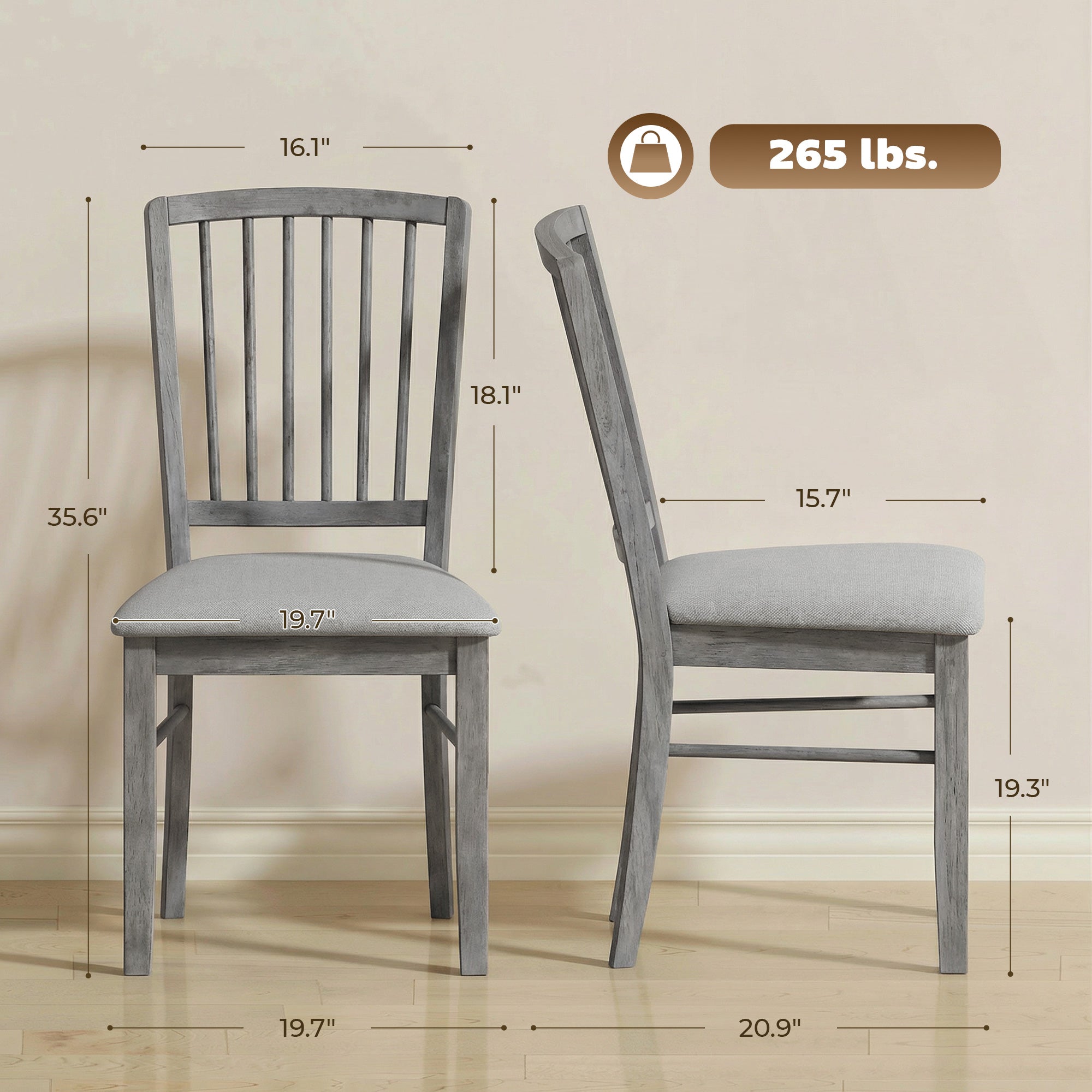 Dining Chairs Upholstered Kitchen Chairs with Rubberwood Legs Set of 2, Rustic Gray