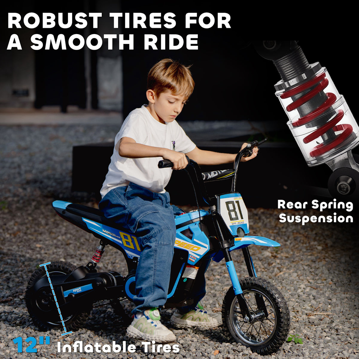 24V Kids Motorcycle, Electric Dirt Bike with 250W Motor, Up to 9.9 MPH, 12" Inflatable Tires and Rear Suspension, Blue