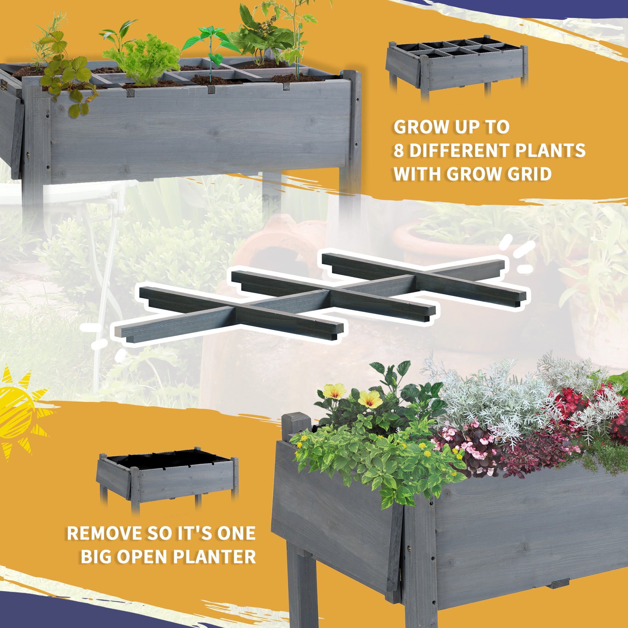 Raised Garden Bed Planter Box w/ 8 Grow Grids, Storage Shelf & Lockable Wheels