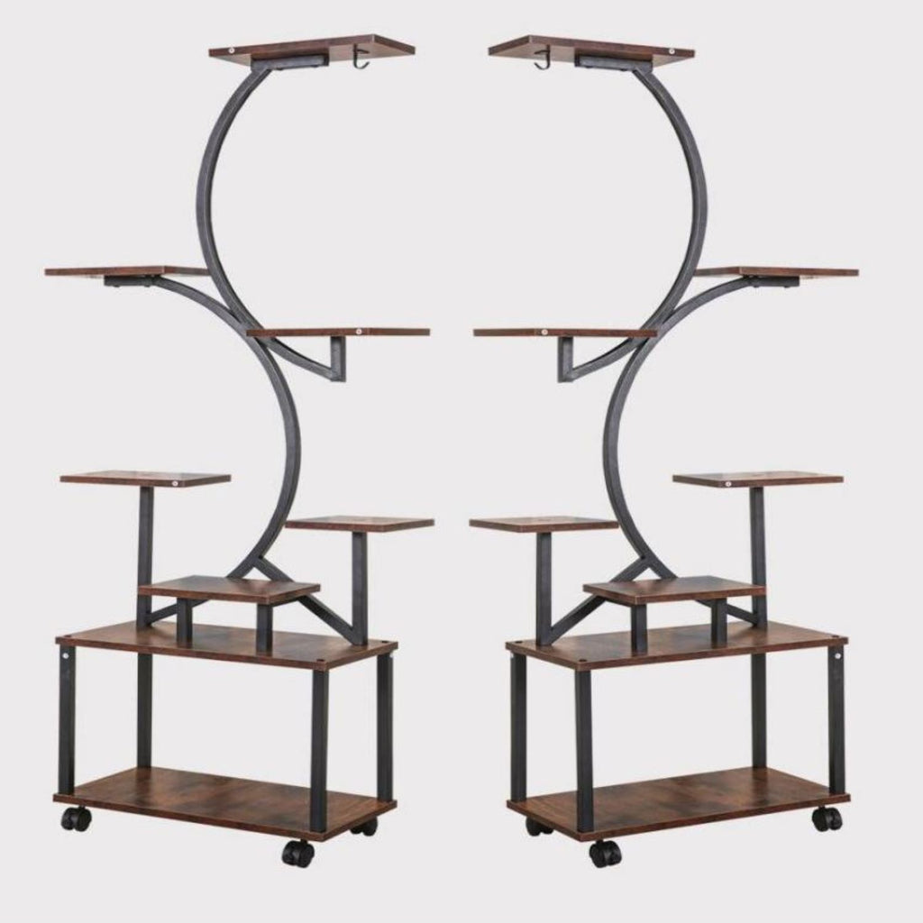 8-Tier Indoor Plant Stand with Grow Lights, Metal Plant Shelf, S-Shaped Design for Home and Patio, 19.5" L x 10" W x 61" H, Black+Dark Walnut