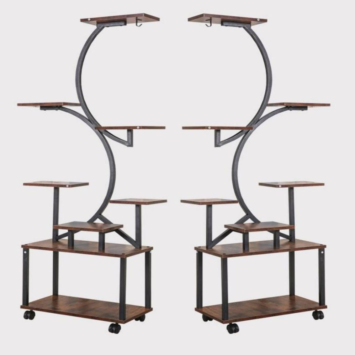 8-Tier Indoor Plant Stand with Grow Lights, Metal Plant Shelf, S-Shaped Design for Home and Patio, 19.5" L x 10" W x 61" H, Black+Dark Walnut