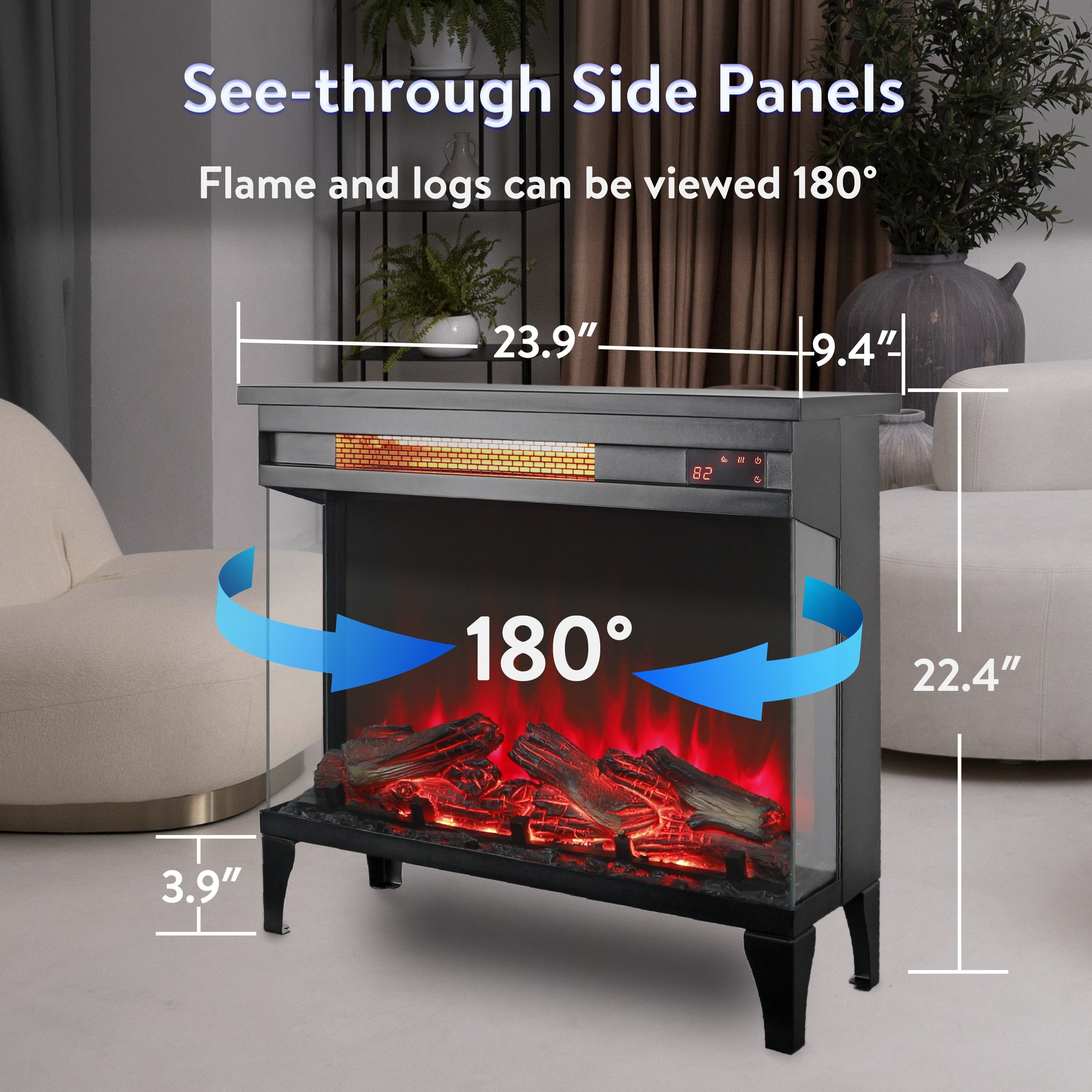 24" Freestanding Design 3-Sided Glass Electric Fireplace with Remote Control, Adjustable Flame Effects, and Easy Installation, Antique Black
