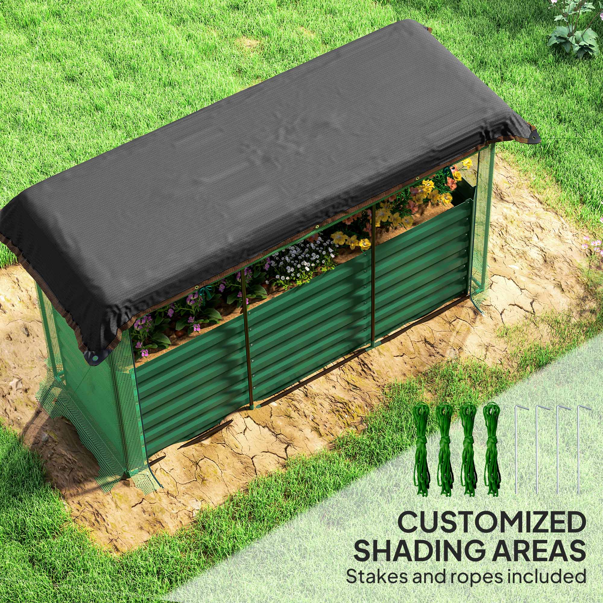 Galvanized Steel Planter Box with Crop Cage and Shade Cloth, Raised Garden Bed for Flowers, Veggies and Herbs, Green