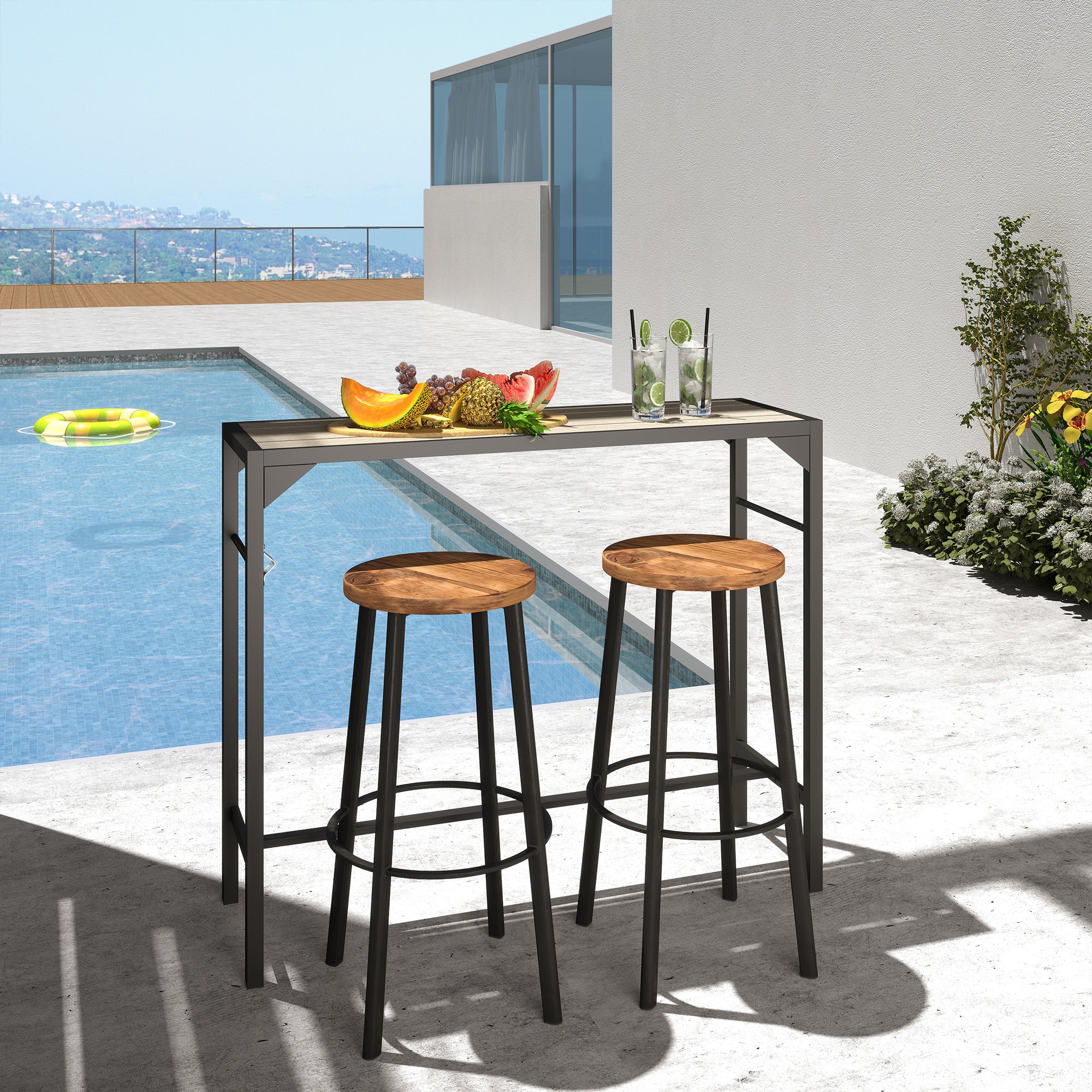 Outdoor Bar Table, Bar Height Patio Bar Table w/ Built-In Bottle Opener, Plastic Top with Wood Grain, 47.25" x 15" x 39"