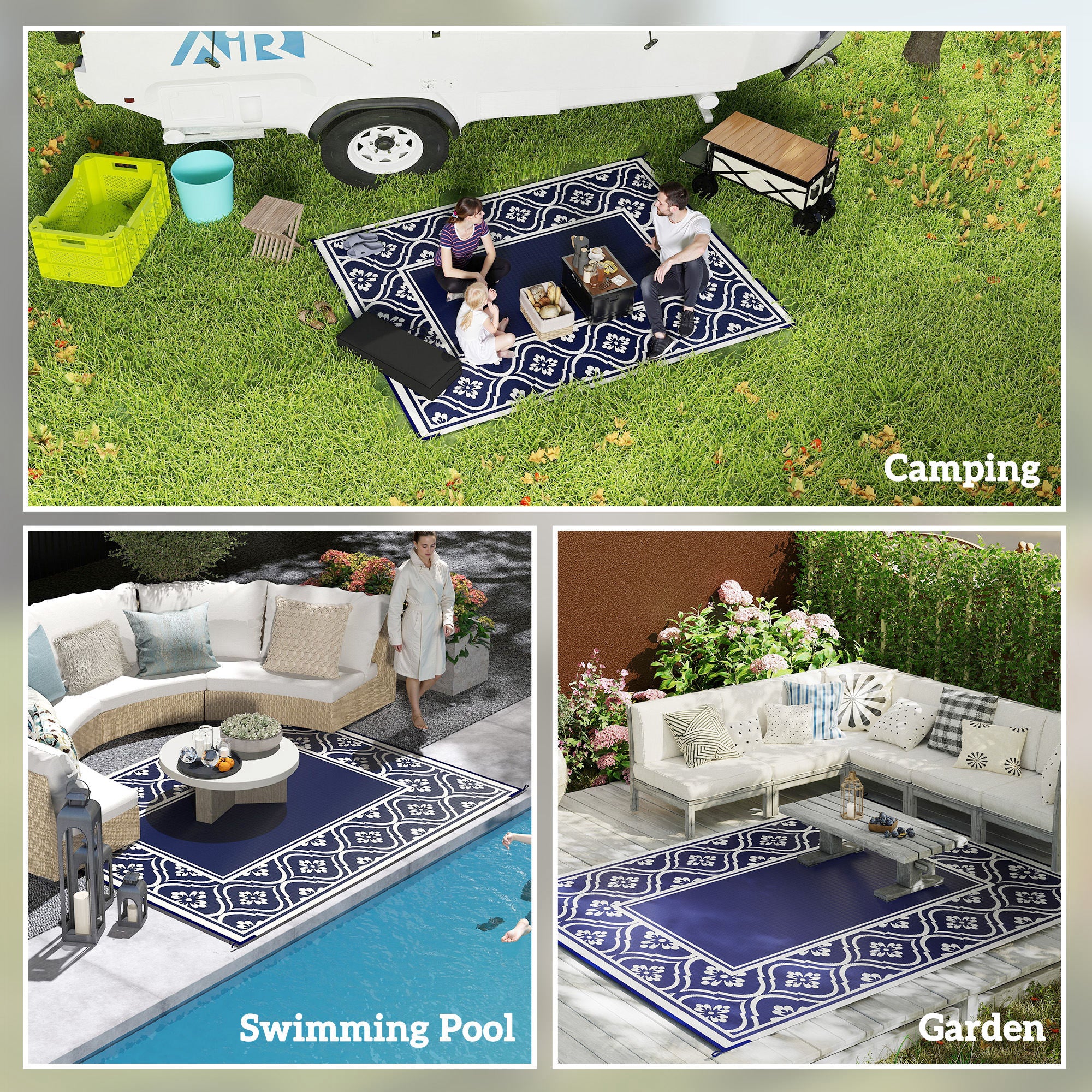 Reversible Outdoor Rug, Waterproof Plastic Straw with Carry Bag, 8' x 10', Blue & White Gourd Border
