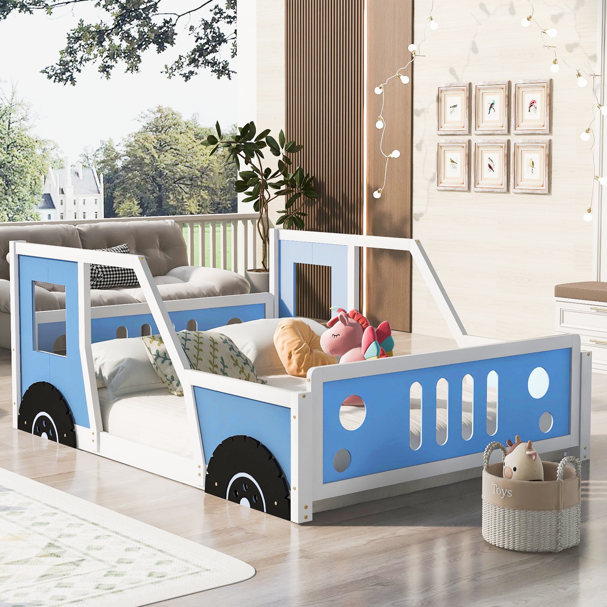 Full Size Classic Car-Shaped Platform Bed with Wheels, Pine Wood Frame, Easy Assembly, 77.5" L x 57" W x 32" H, Blue