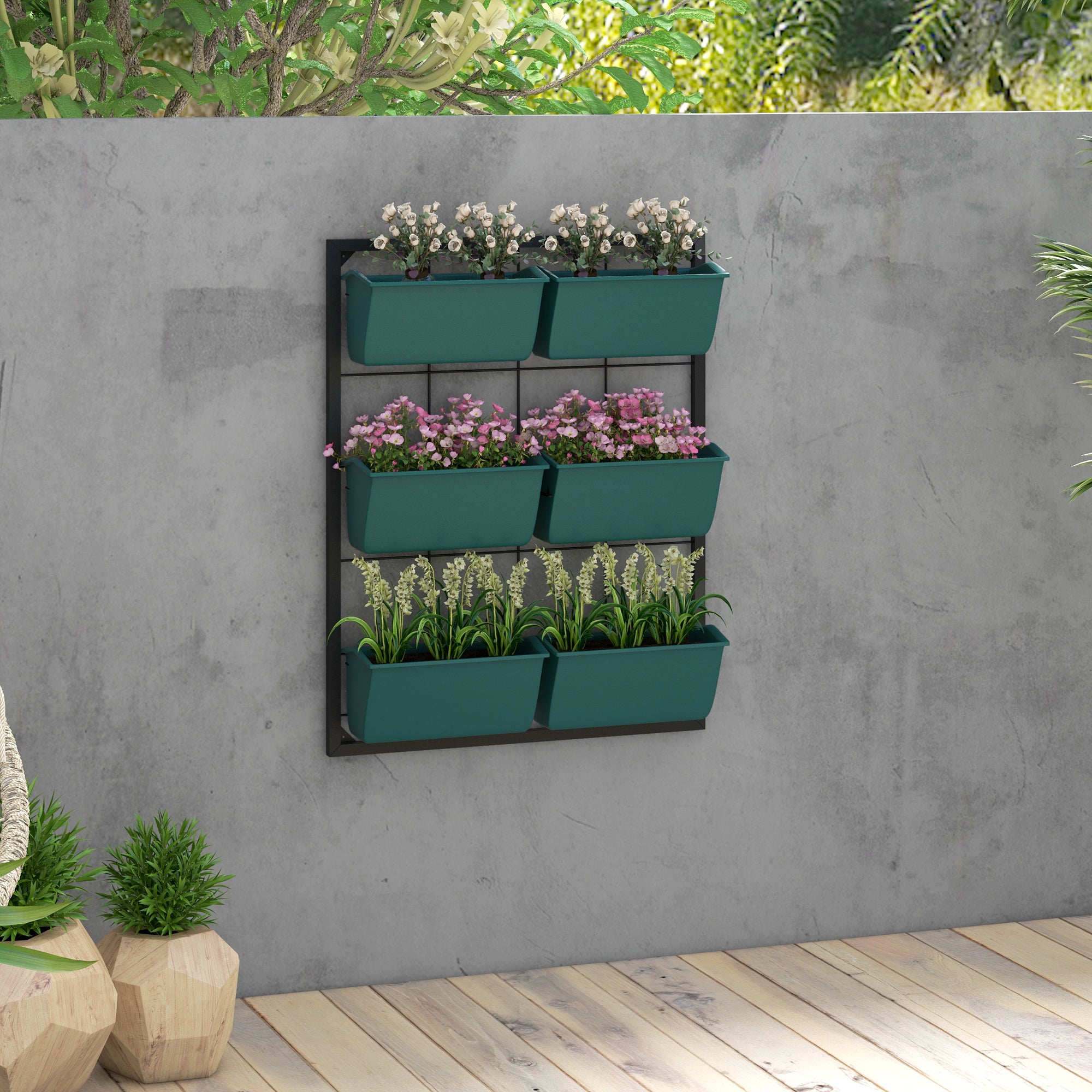 3-Tier Hanging Planter with 6 Pots for Indoor and Outdoor Use, Wall Planter, Self Draining & Wall Mounted, Green